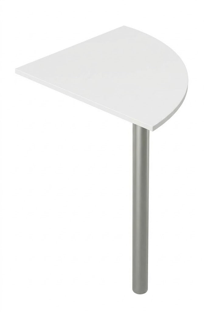 La Solution de bureau Budget Modulable Pieds Panneaux de Monsieur Bureau est un bureau d'angle blanc en quart de cercle avec un plateau lisse et minimaliste, idéal pour les espaces de travail. Son pied cylindrique unique en métal assure stabilité et style moderne.#combo_angle_blanc