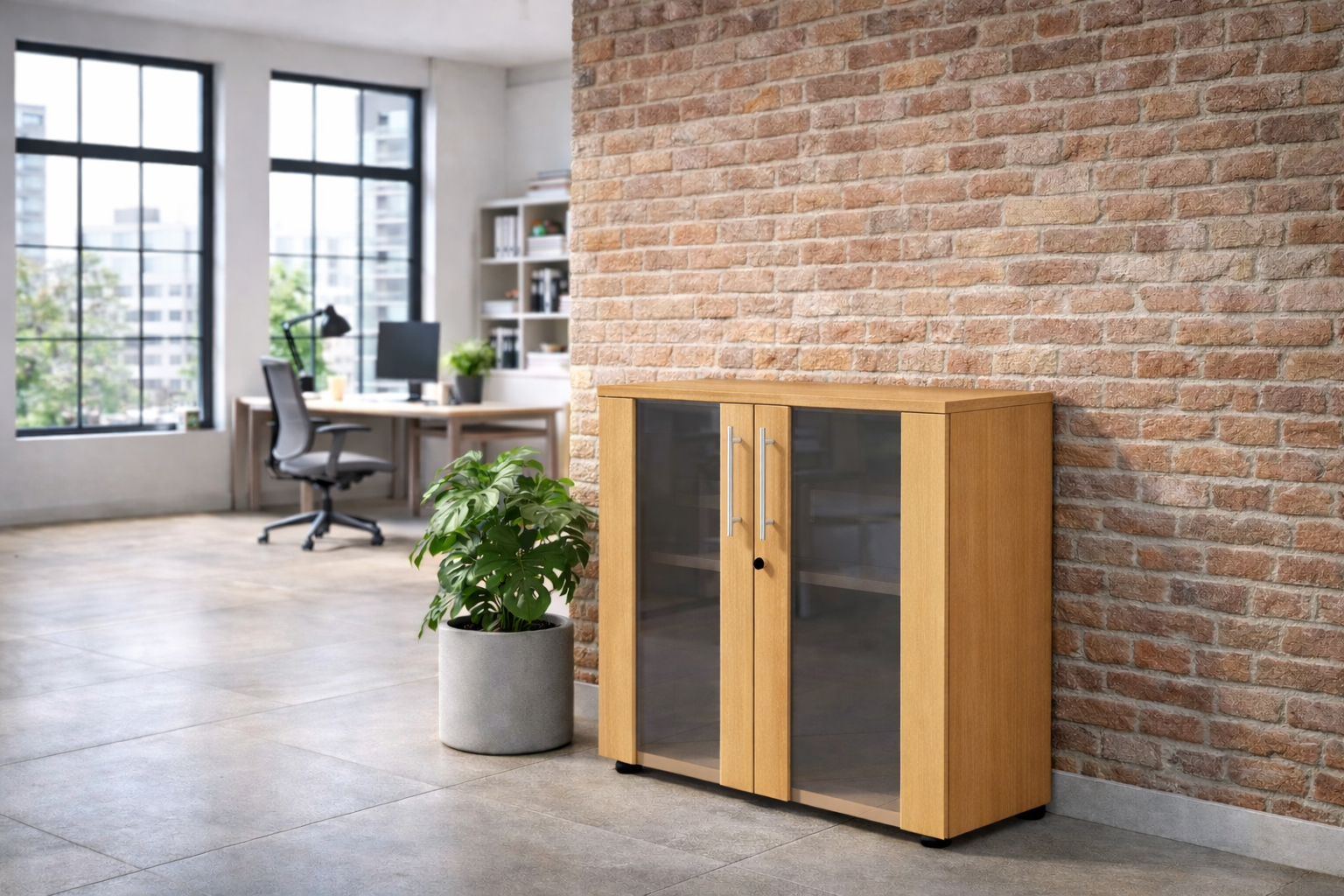 Dans un bureau moderne avec de grandes fenêtres, Monsieur Bureau Armoire Basse Flora Portes Vitrées H81.4 cm avec des poignées en métal est placé contre un mur de briques, avec un bureau et une chaise en arrière-plan, et une plante en pot sur le sol à proximité.
