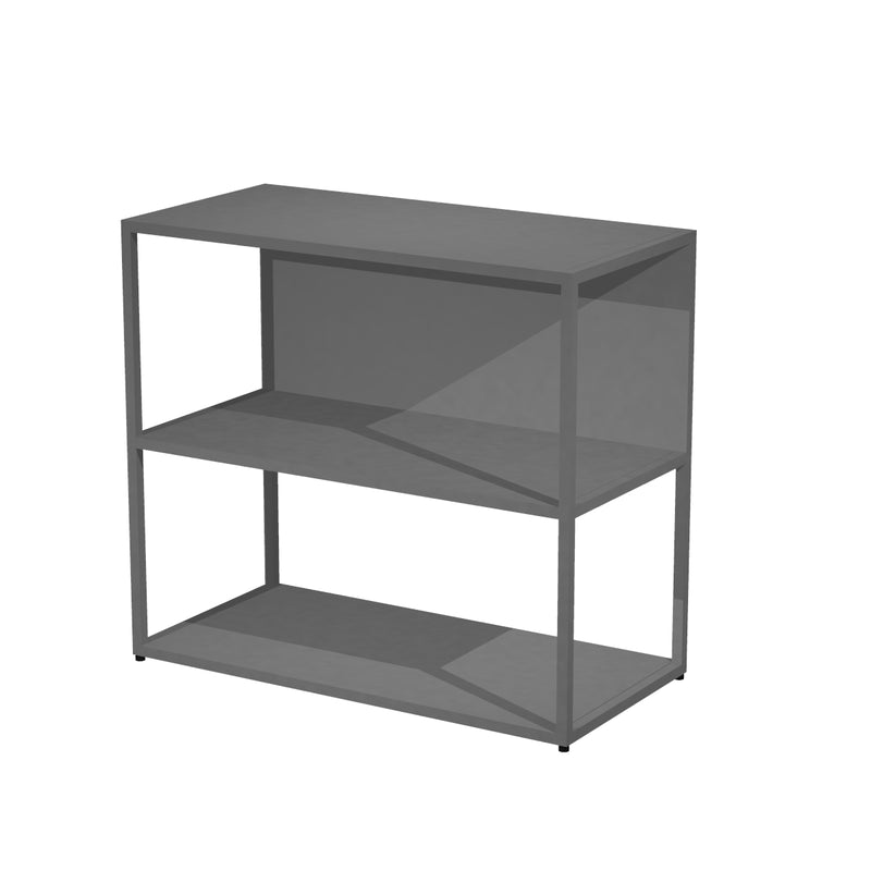 La Bibliothèque basse Edge bois & métal L90xH80 de Monsieur Bureau présente un cadre rectangulaire simple en métal gris avec trois niveaux ouverts - parfait pour ranger le bureau et ajouter une touche de design italien.#combo_anthracite_anthracite_mat