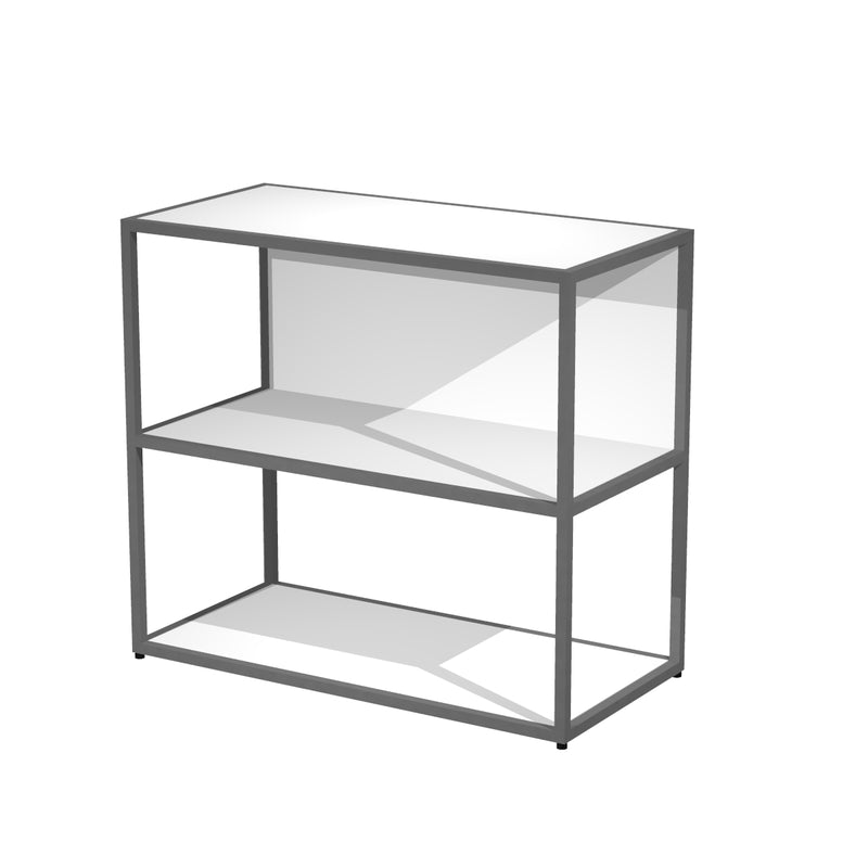 La Bibliothèque basse Edge bois & métal L90xH80 de Monsieur Bureau présente un design rectangulaire minimaliste avec un cadre fin en métal noir et des surfaces blanches, idéal pour le rangement de bureau, présenté sur un fond blanc uni.