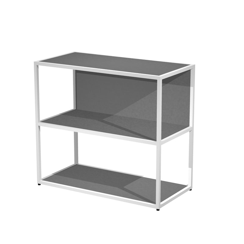 La Bibliothèque basse Edge bois & métal L90xH80 de Monsieur Bureau se caractérise par un cadre moderne en métal blanc avec deux étagères grises, ouvertes sur tous les côtés, offrant un rangement de bureau élégant au design italien, photographié sur un fond blanc uni.#combo_anthracite_blanc_mat