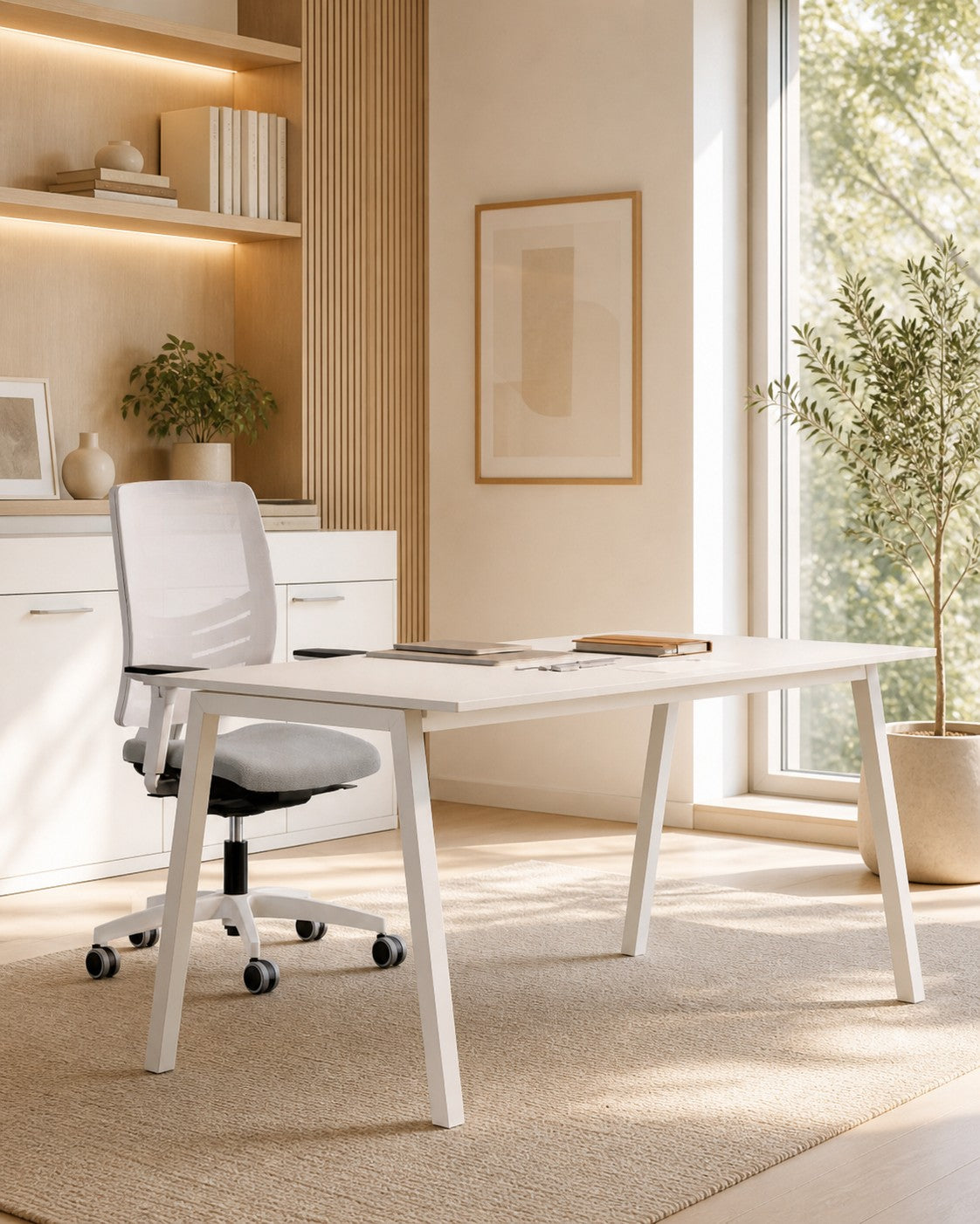 Un bureau moderne comprend le Bureau droit Professionnel Pop Ace sans voile de fond de Monsieur Bureau, une chaise ergonomique, des armoires encastrées, un art mural abstrait, des plantes en pot et de grandes fenêtres. Des tons neutres et un mobilier de bureau minimaliste complètent l'ensemble.