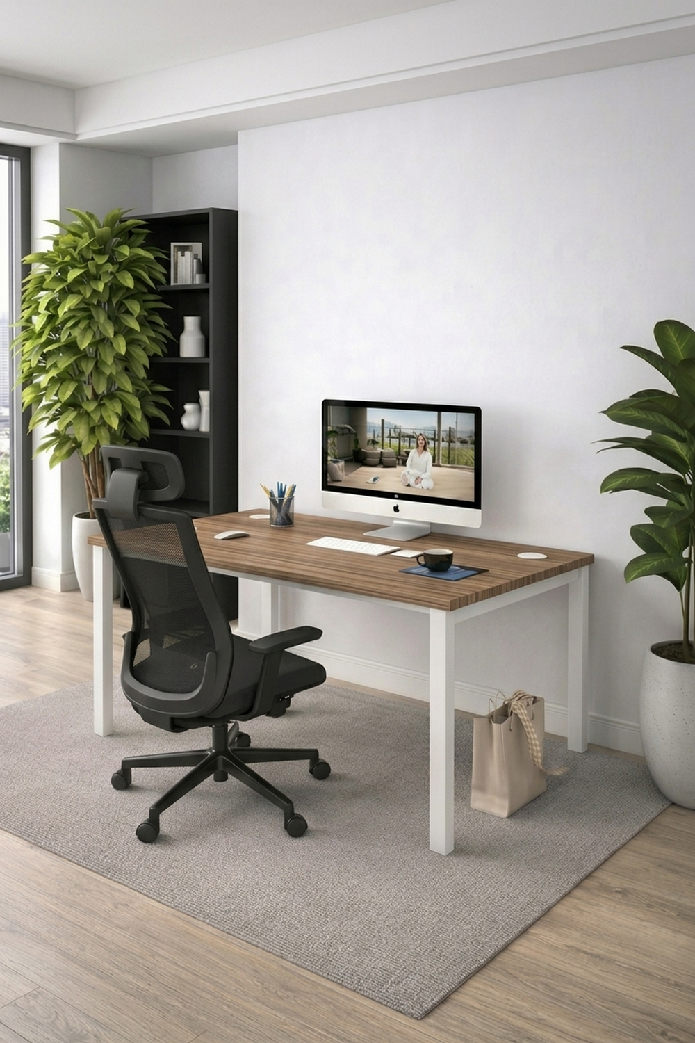 Un bureau professionnel moderne avec le Bureau individuel Astral Profondeur 70 ou 80 de Monsieur Bureau, un ordinateur, une chaise ergonomique noire, une bibliothèque, des plantes d'intérieur et un tapis beige. La lumière naturelle pénètre par de grandes fenêtres pendant un appel vidéo.#combo_timber_blanc