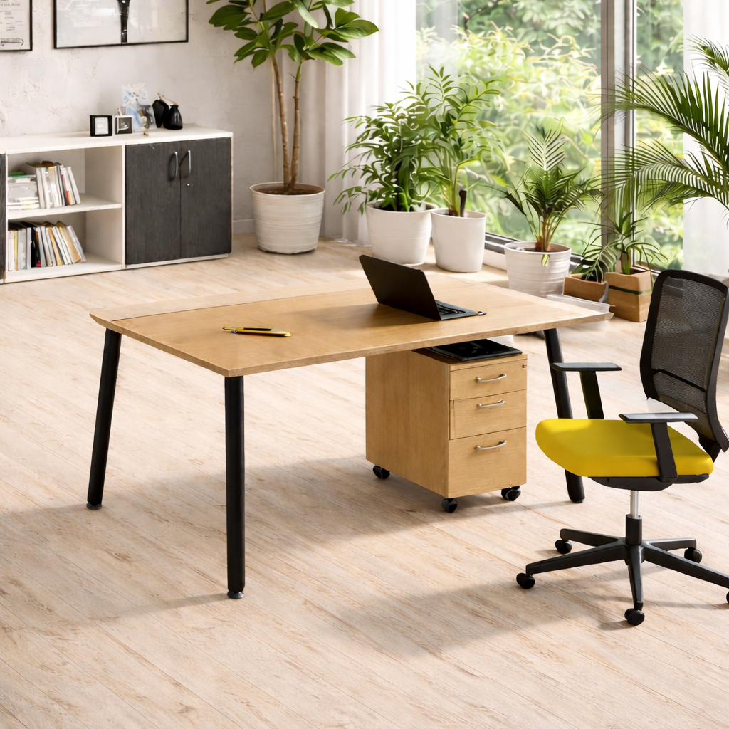 Bureau à domicile moderne comprenant le Bureau Droit Nature Métal style Scandinave de Monsieur Bureau, un bureau en bois associé à une chaise noire et jaune, un ordinateur portable, des plantes en pot, de grandes fenêtres pour la lumière naturelle, des étagères, des œuvres d'art et une armoire élégante. #combo_chêne_noir