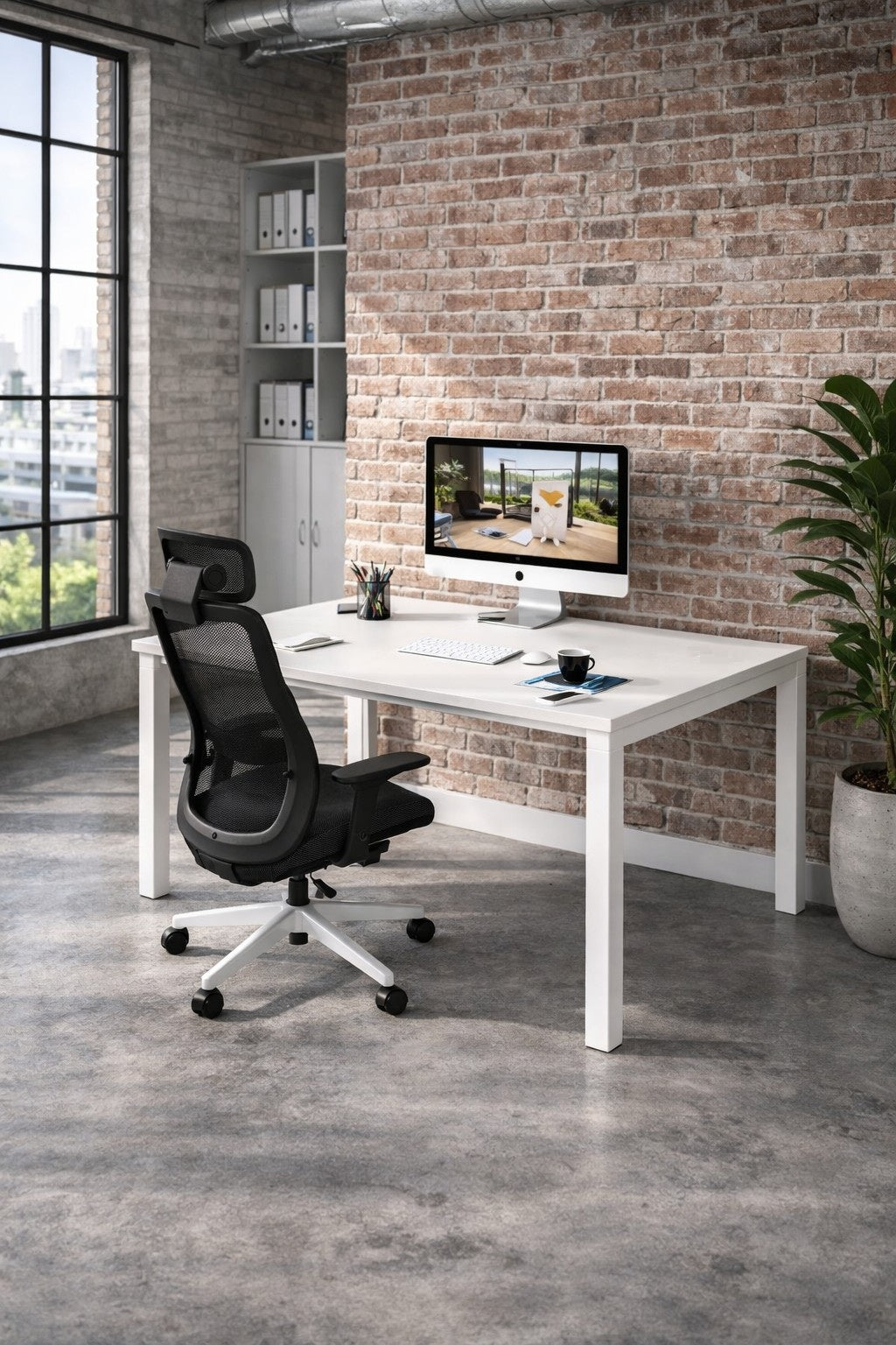 Le Bureau individuel Astral Profondeur 70 ou 80 de Monsieur Bureau présente un bureau blanc élégant, une chaise en maille noire, un écran, une tasse à café et des articles de papeterie dans un espace de travail moderne avec un mur en briques, de grandes fenêtres, une plante, des classeurs sur des étagères et un sol en béton.#combo_blanc_blanc