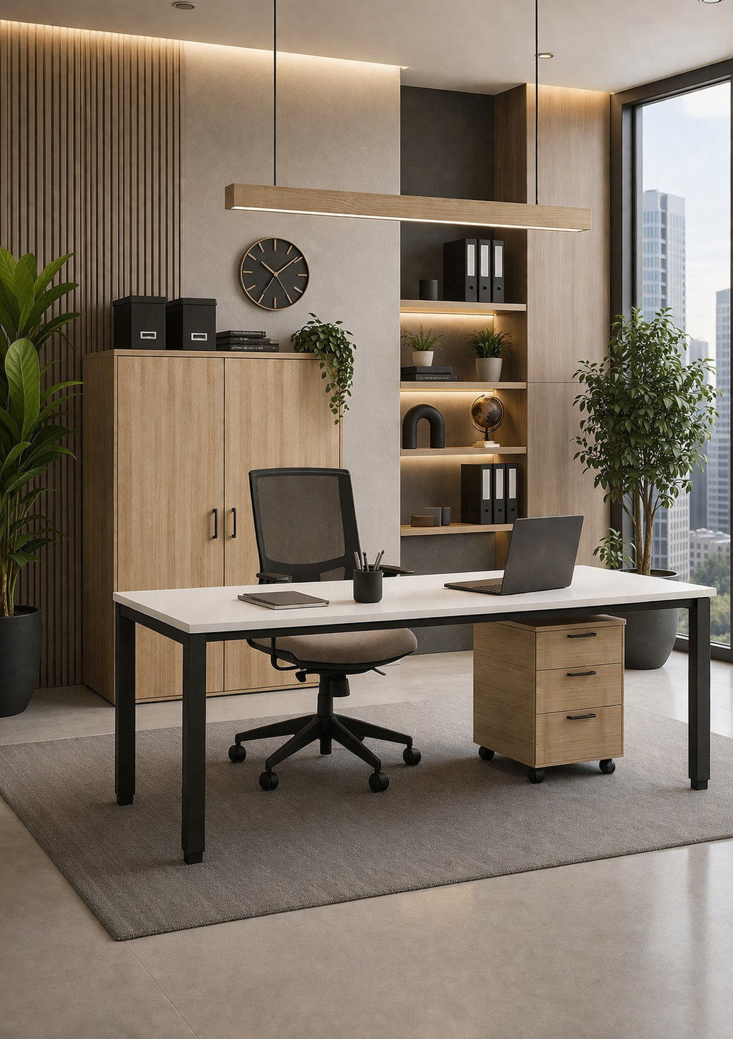 Bureau moderne comprenant le bureau professionnel individuel Monsieur Bureau Tempo P60 cm, une chaise noire, un ordinateur portable et des articles de papeterie. Des armoires en bois, des étagères avec des livres et de la décoration, une horloge murale, des plantes en pot et de grandes fenêtres avec vue sur la ville agrémentent l'espace.