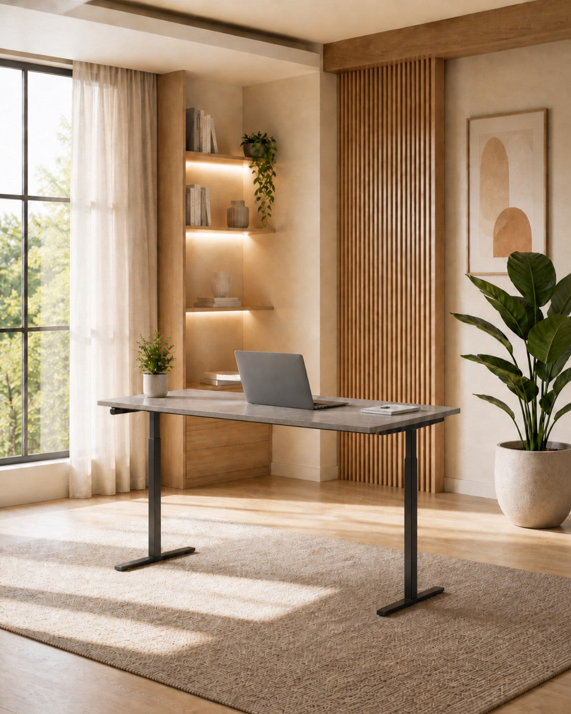 Un bureau à domicile moderne pour le télétravail, avec des étagères en bois, des plantes, de l'art abstrait encadré, un tapis neutre sur des planchers en bois clair, et le Monsieur Bureau Bureau assis-debout électrique Pop Ad - 3 mémoires avec un ordinateur portable.#combo_taupe_noir