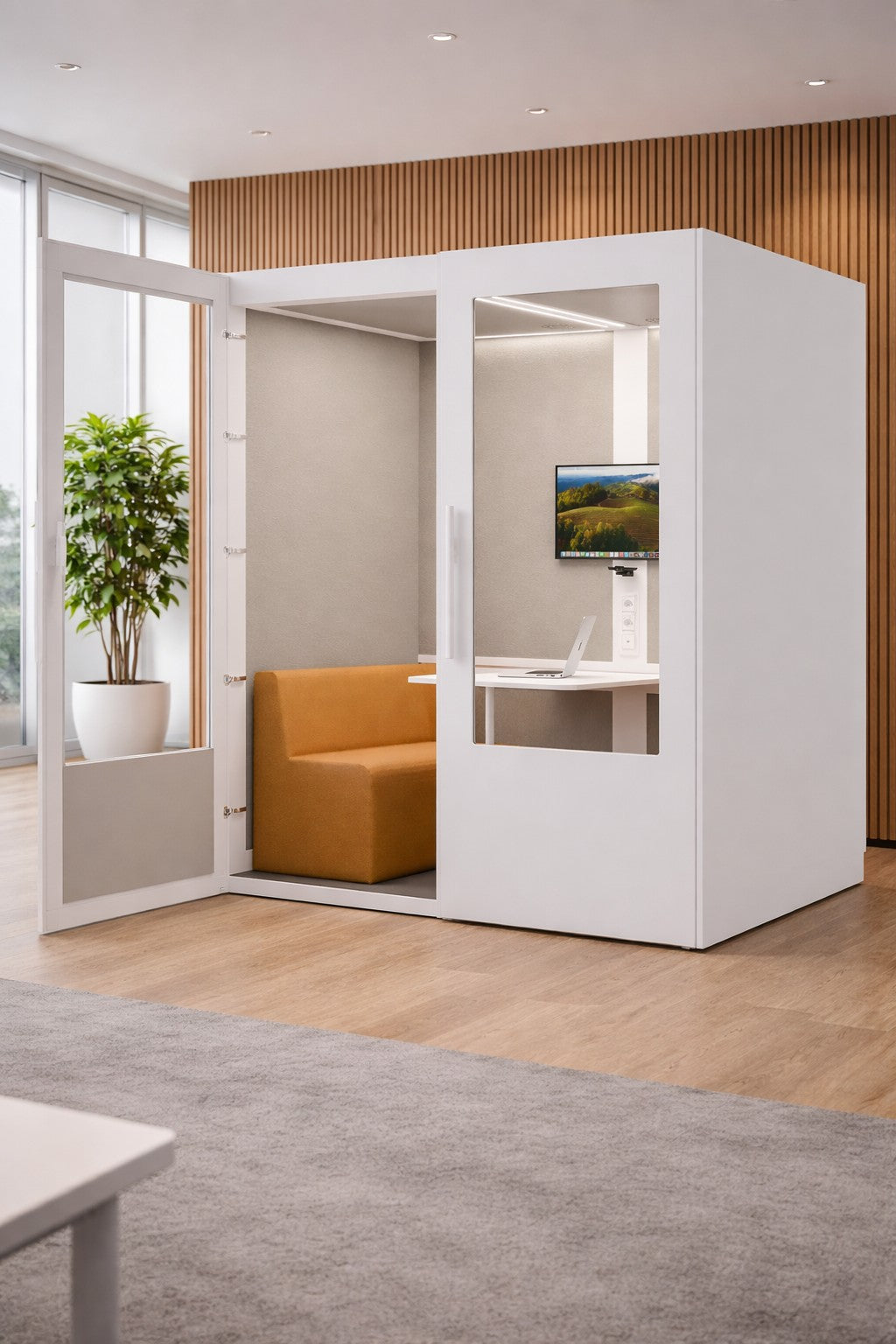 La Cabine Acoustique Réunion No Sound Standard 4 pers de Monsieur Bureau est une cabine téléphonique moderne avec des portes en verre, une banquette moutarde, un bureau blanc, un écran et des prises électriques, le tout dans une pièce lumineuse avec des accents de bois et une plante en pot à proximité.#finitions_blanc