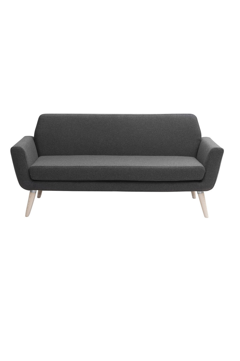 Le Canapé scandinave Natt de Robert ZOLLER (Monsieur Bureau) est un canapé deux places moderne gris foncé avec des accoudoirs en angle et des pieds en bois clair, incarnant le confort scandinave, présenté sur un fond blanc.
