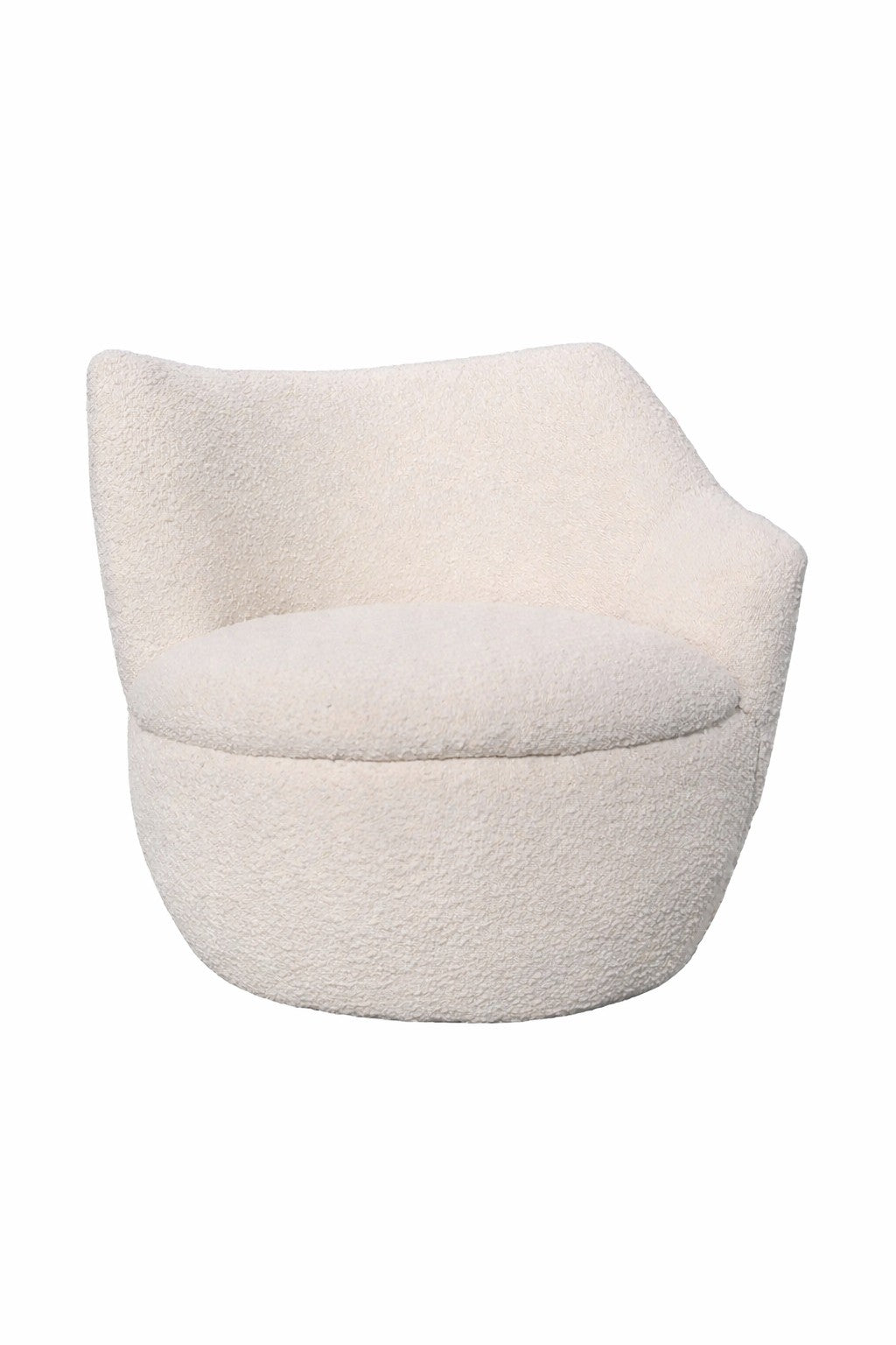 La Chauffeuse d'accueil Kurl tissu bouclette de Monsieur Bureau présente un design moderne et discret avec une base arrondie, un dossier asymétrique et un revêtement en bouclette blanc cassé.
