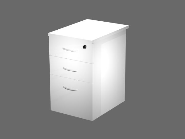 La Solution Modulaire de bureau Compact Curvy de Monsieur Bureau est un meuble de bureau blanc à trois tiroirs avec des poignées incurvées et une serrure à clé sur le tiroir supérieur, idéal pour un meuble bureau modulable, présenté sur un fond gris uni.