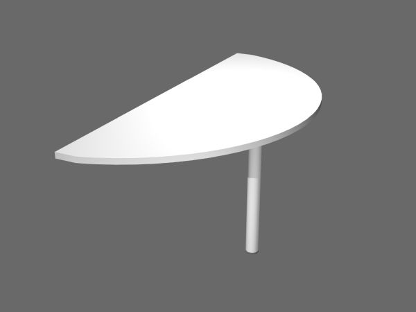 La Solution Modulaire de bureau Compact Curvy de Monsieur Bureau est un bureau blanc semi-circulaire avec un seul pied cylindrique sur le côté incurvé, présenté sur un fond gris uni.