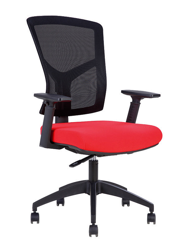 Le Fauteuil Canis Synchrone dossier Résille de Monsieur Bureau offre un confort ergonomique avec un dossier en maille noire, des accoudoirs réglables, un coussin d'assise rouge vif et une solide base noire à cinq roues.