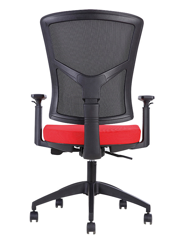 Le Fauteuil Canis Synchrone dossier Résille de Monsieur Bureau est doté d'un dossier en maille noire, d'une assise coussinée rouge, d'accoudoirs réglables et d'une base à cinq roues, présentée ici de dos.