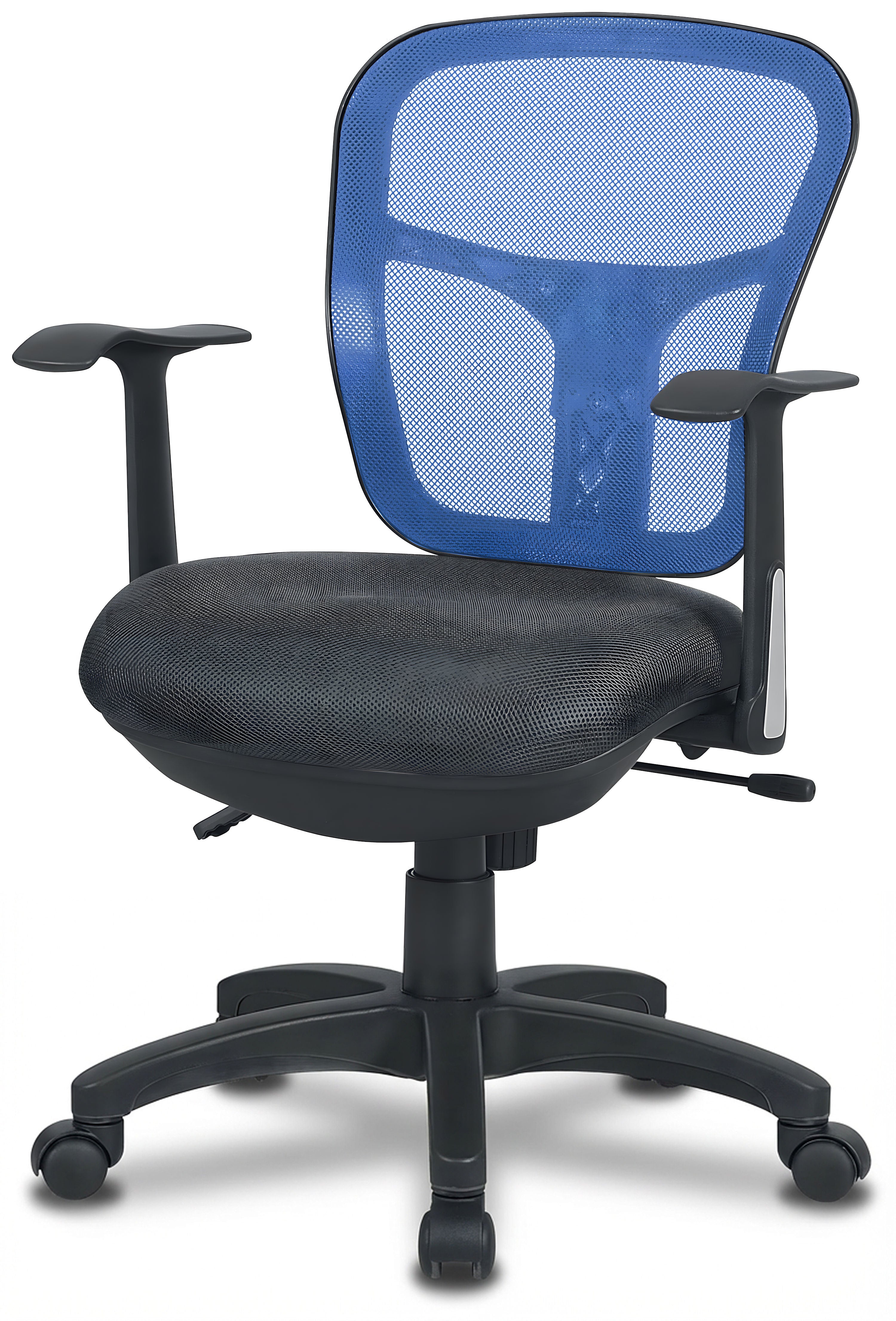 Le Fauteuil Aries dossier résille et soutien lombaire de Monsieur Bureau, en noir et bleu, offre confort professionnel avec assise rembourrée, accoudoirs réglables et base à cinq roulettes pour une mobilité optimale.