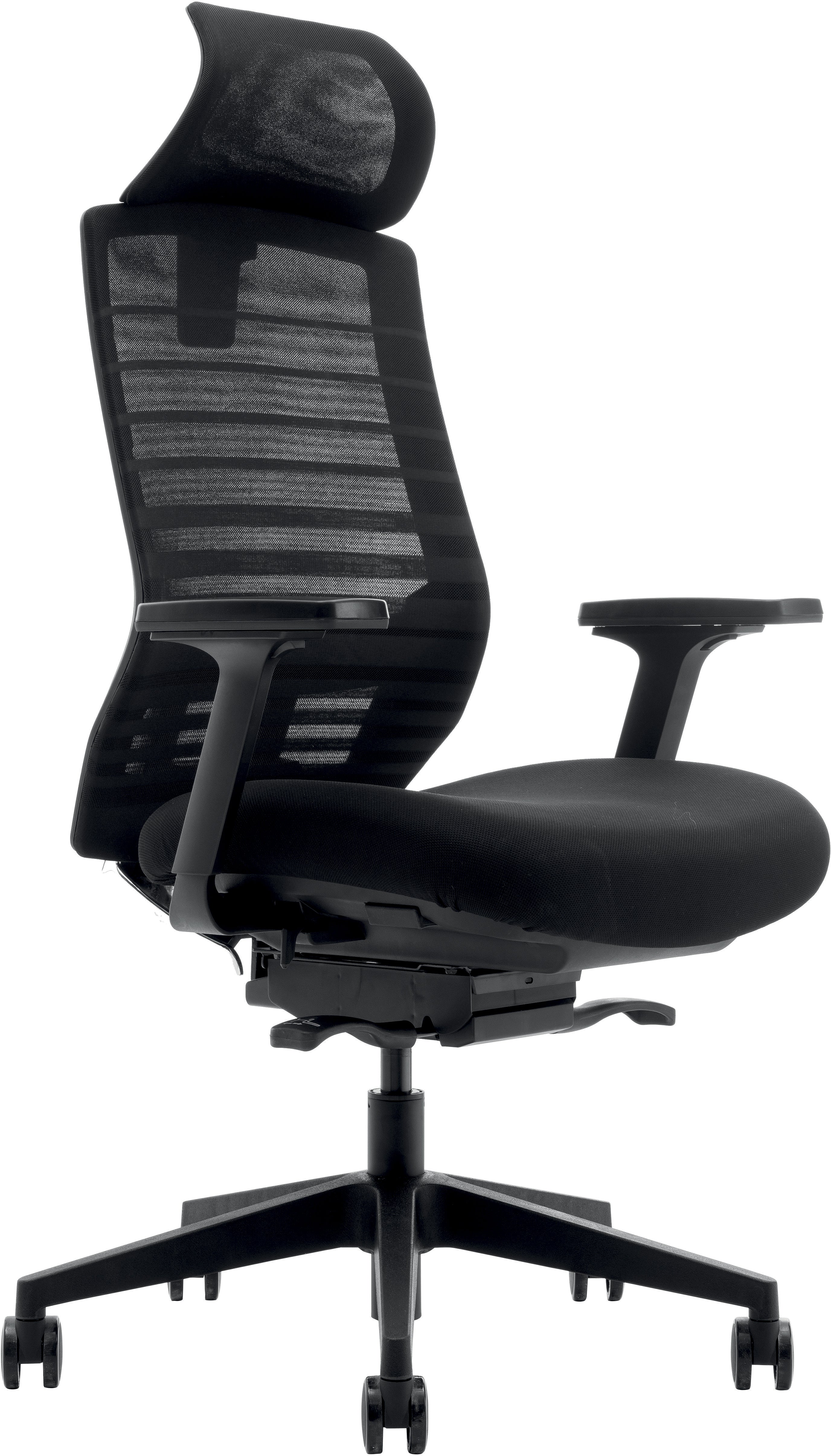 Le Fauteuil ergonomique Carina Synchrone 3D de Monsieur Bureau est une chaise à dossier en maille noire avec soutien lombaire, accoudoirs réglables en 3D, assise rembourrée, appui-tête et cinq roulettes, parfaite pour tout bureau professionnel.