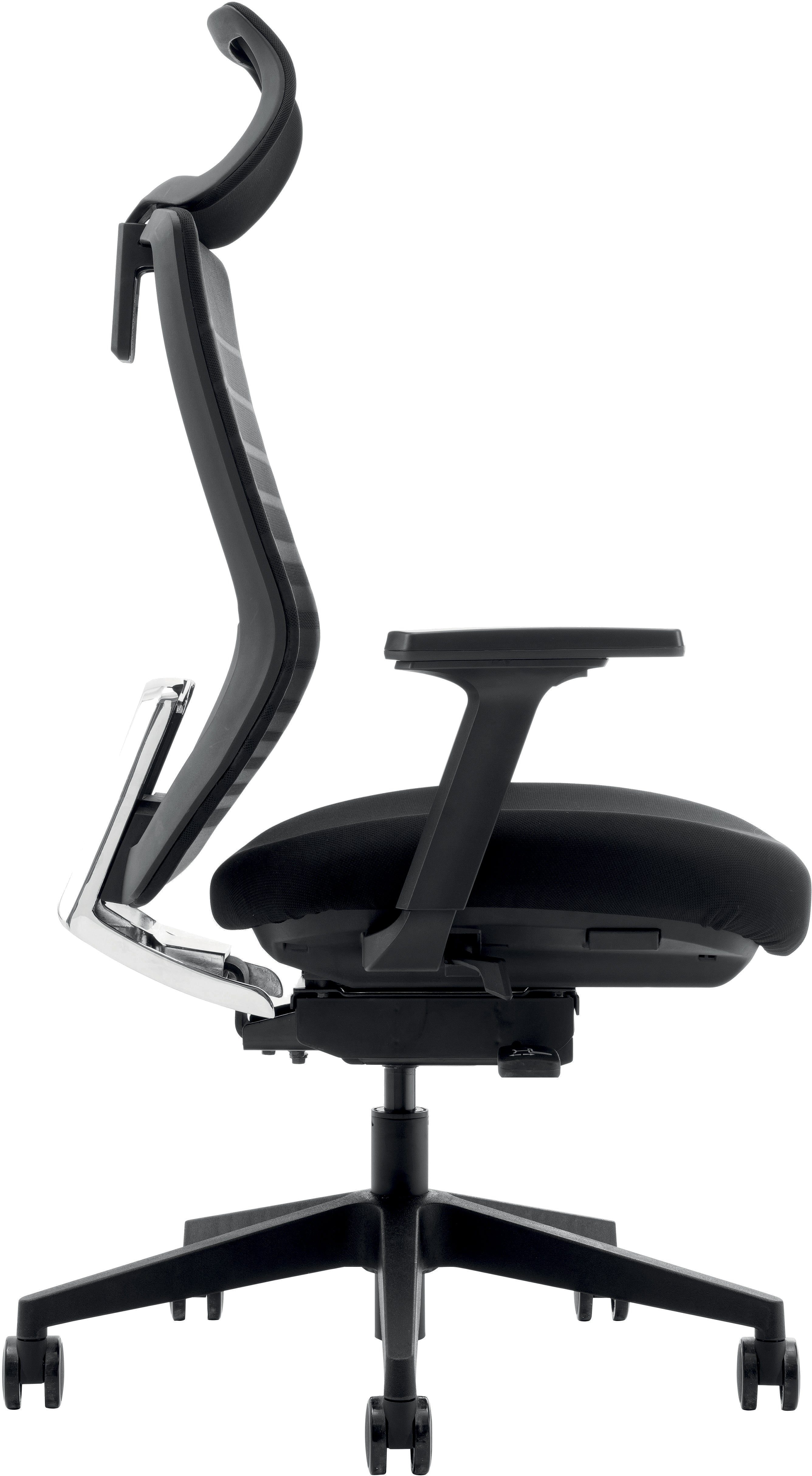 Vue latérale du Monsieur Bureau Fauteuil ergonomique Carina Synchrone 3D : un siège de bureau moderne de couleur noire avec dossier en maille, accoudoirs réglables en 3D, assise rembourrée, piétement à cinq roues et soutien lombaire intégré pour un confort professionnel.