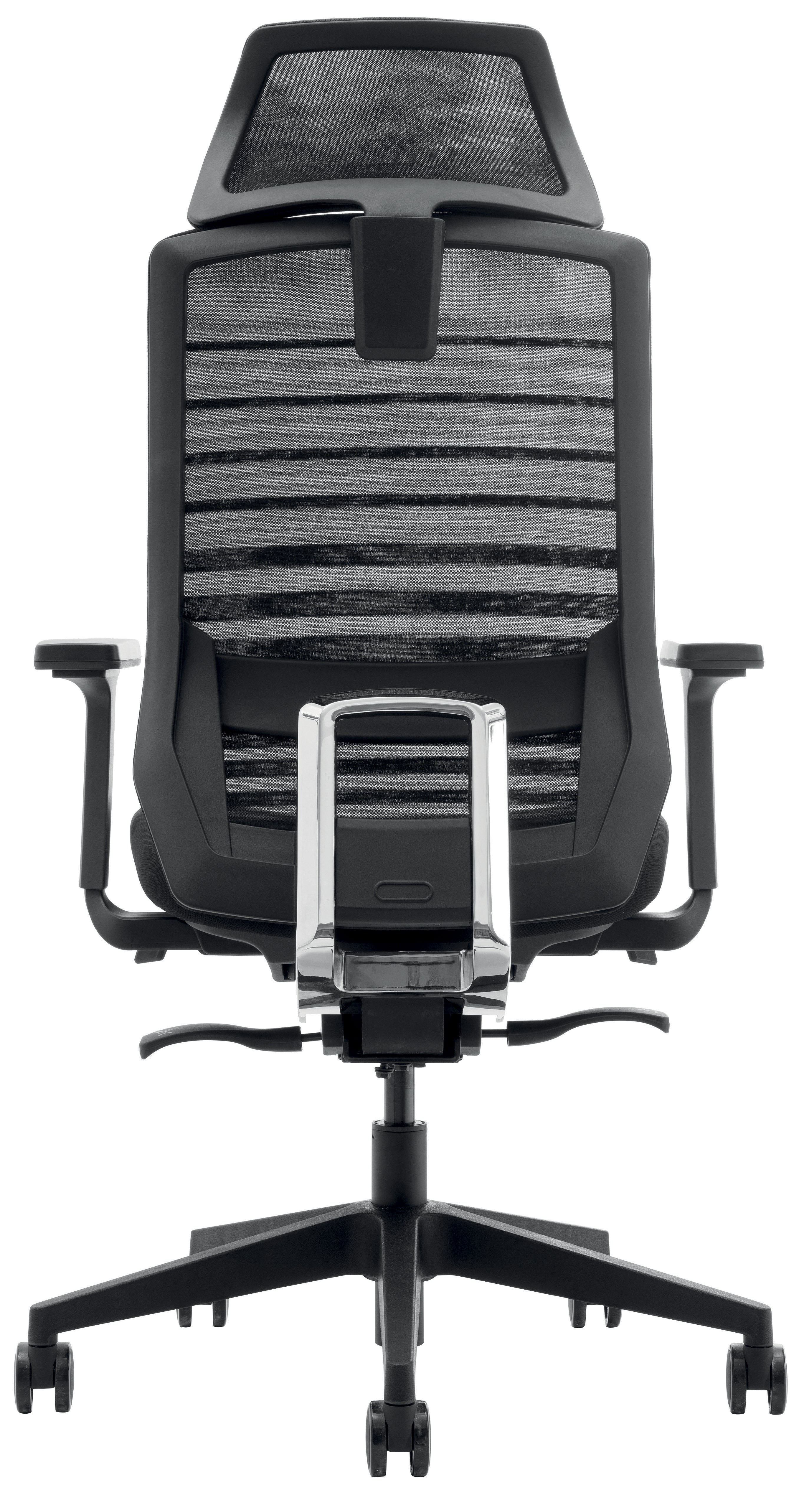 Le Fauteuil ergonomique Carina Synchrone 3D de Monsieur Bureau est doté d'un cadre noir, d'accoudoirs réglables, d'un dossier en maille avec soutien lombaire, d'une base à cinq roues et d'un élégant dossier à rayures grises.