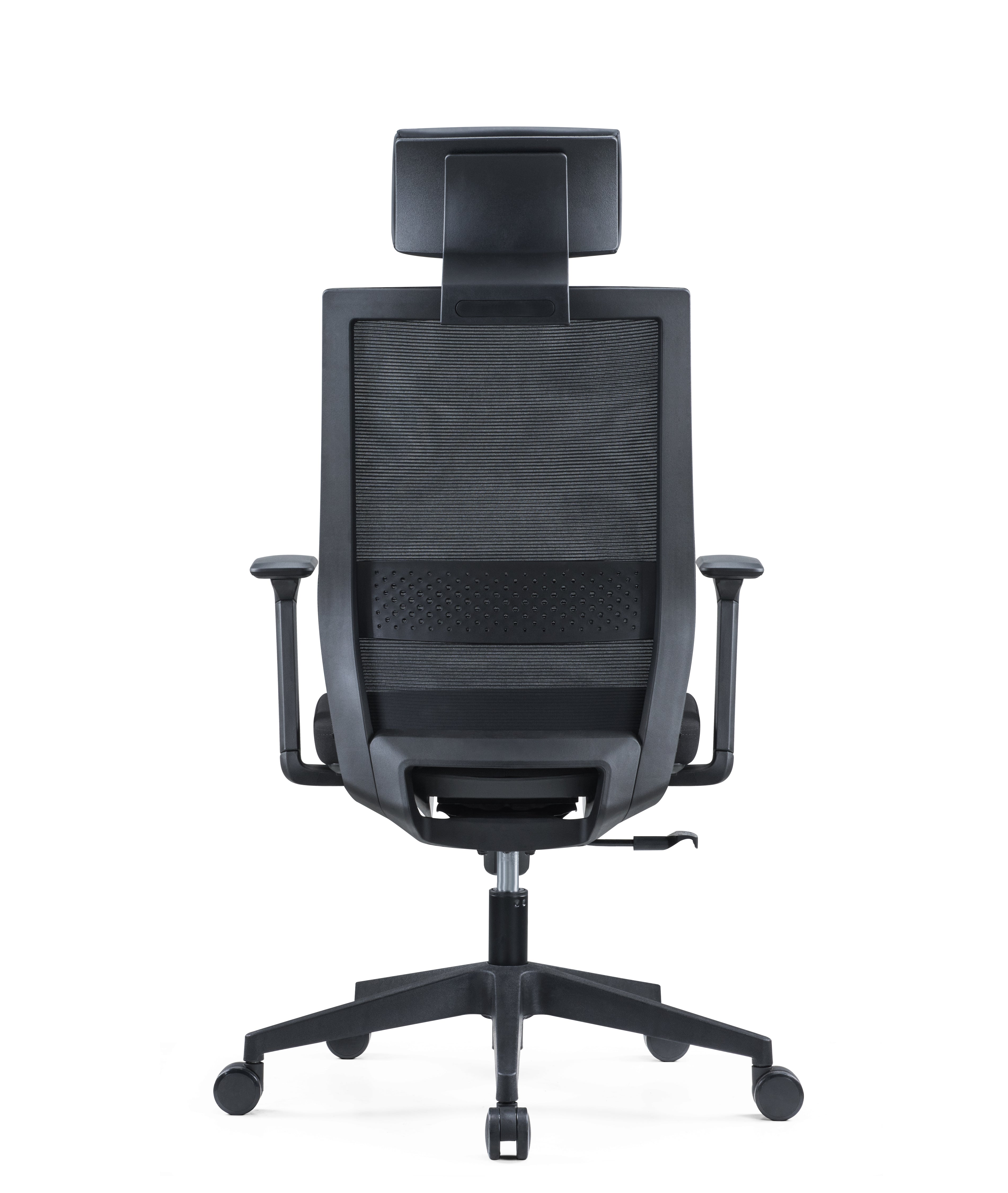 Le Fauteuil Drax Synchrone et Soutien Lombaire de Monsieur Bureau, doté d'un appui-tête, d'un dossier en maille, d'accoudoirs réglables, d'un support lombaire et d'une base à cinq roues, est présenté de dos sur un fond blanc.