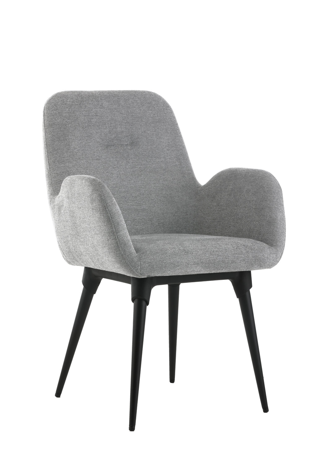 Le Fauteuil d'accueil et réunion Shino de Monsieur Bureau, en gris moderne avec pieds métal noirs inclinés et accoudoirs courbes, est idéal pour un espace d'accueil élégant. Présenté sur fond blanc.#finitions_gris
