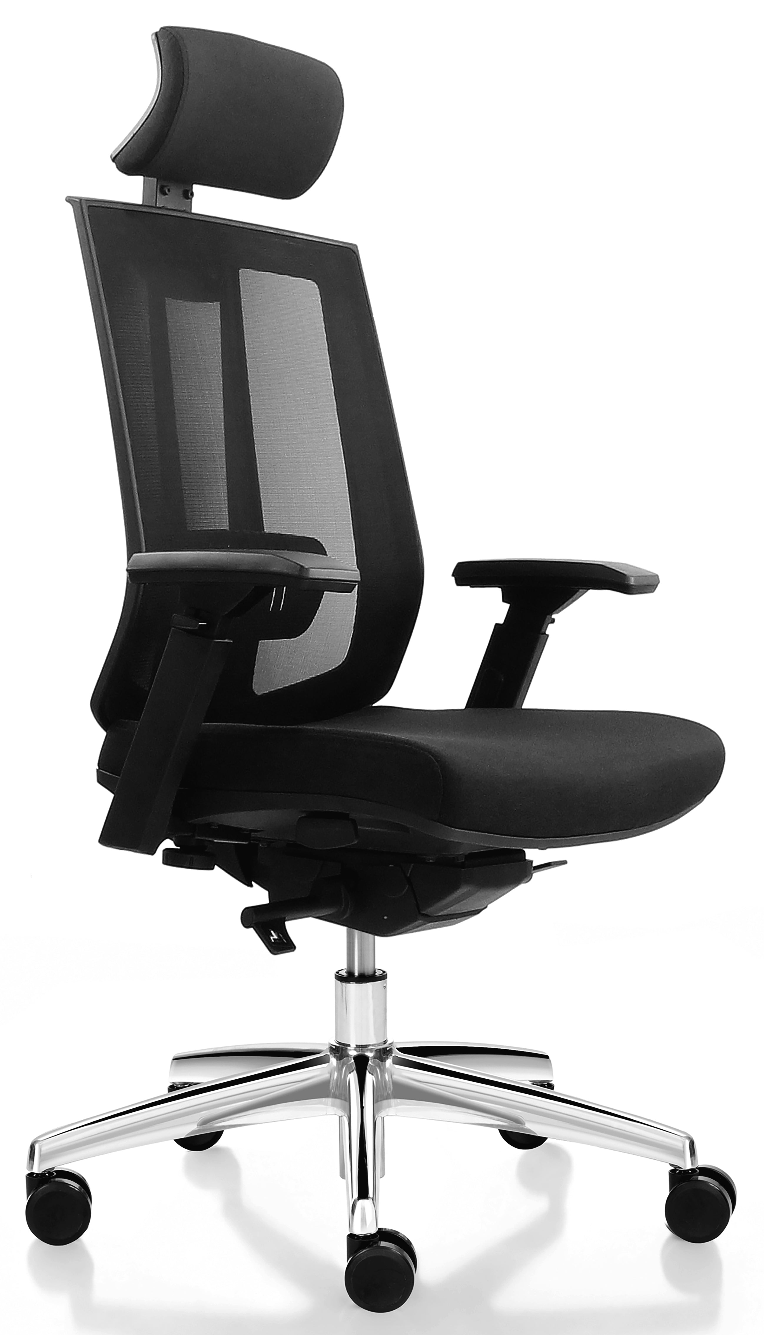 Le Fauteuil Bureau Ergonomique Virgo Synchrone 3D de Monsieur Bureau est doté d'un dossier en maille noire, d'accoudoirs et d'un appui-tête réglables, d'un piètement chromé à cinq roues et d'un mécanisme synchrone, idéal pour un usage professionnel intensif. Présenté sur fond blanc.