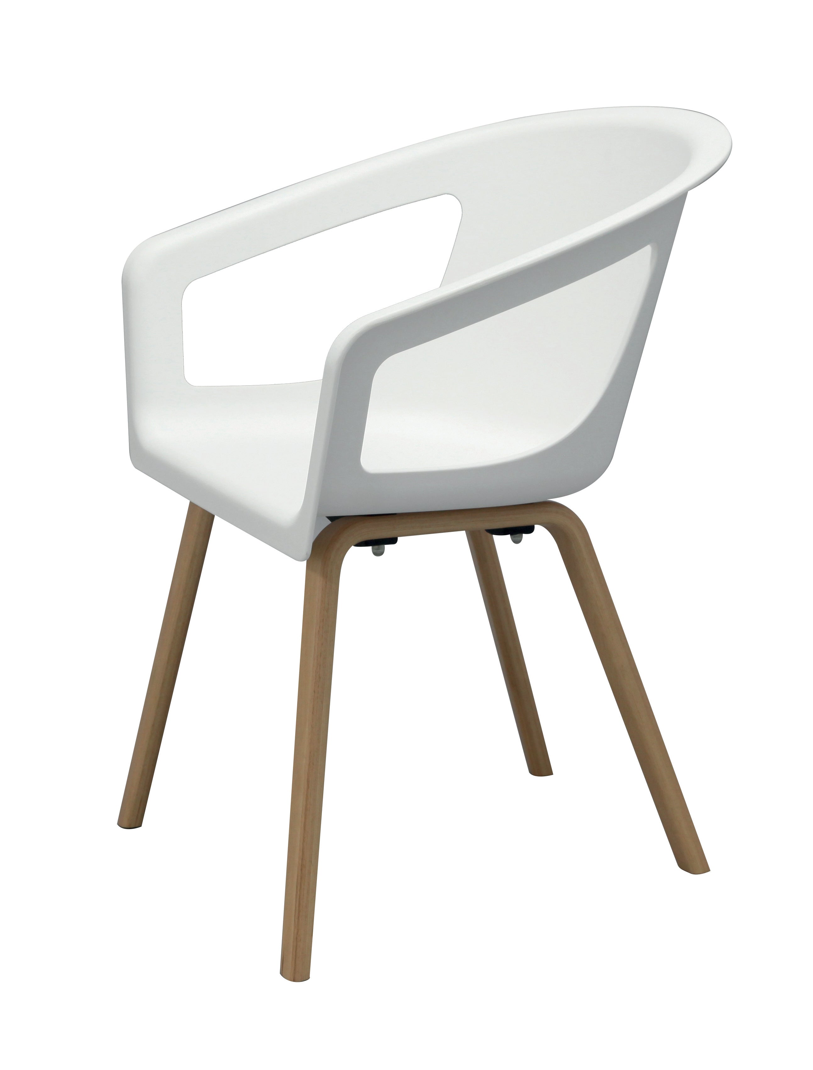 Le Fauteuil de Collectivité Lyra Polypropylène de Monsieur Bureau est composé d'une assise blanche moderne, d'un dossier ouvert, d'accoudoirs et de quatre pieds angulaires en bois clair. Il est idéal pour les salles d'attente ou les espaces collectifs.