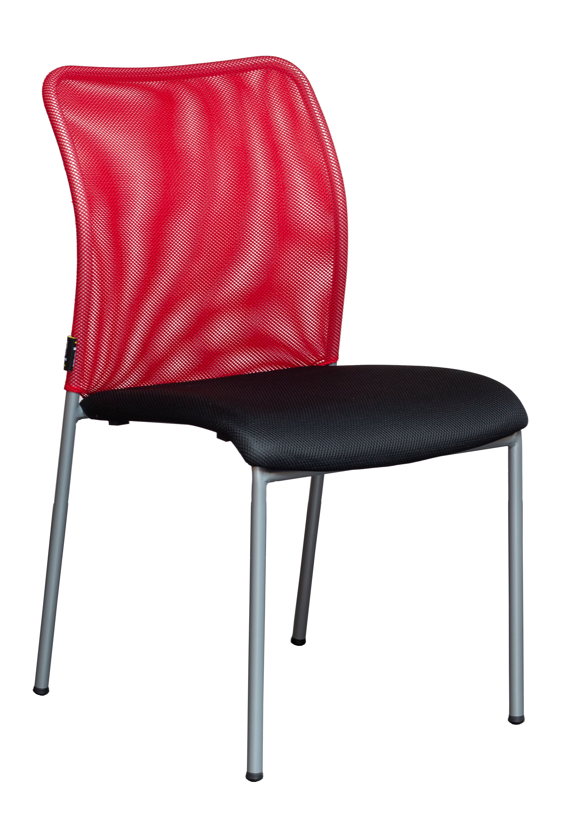 Le Fauteuil Réunion Pégase Visiteur Empilable de Monsieur Bureau est doté d'une assise coussinée noire, d'un dossier en maille rouge et de quatre pieds en métal argenté, idéal pour les espaces professionnels.