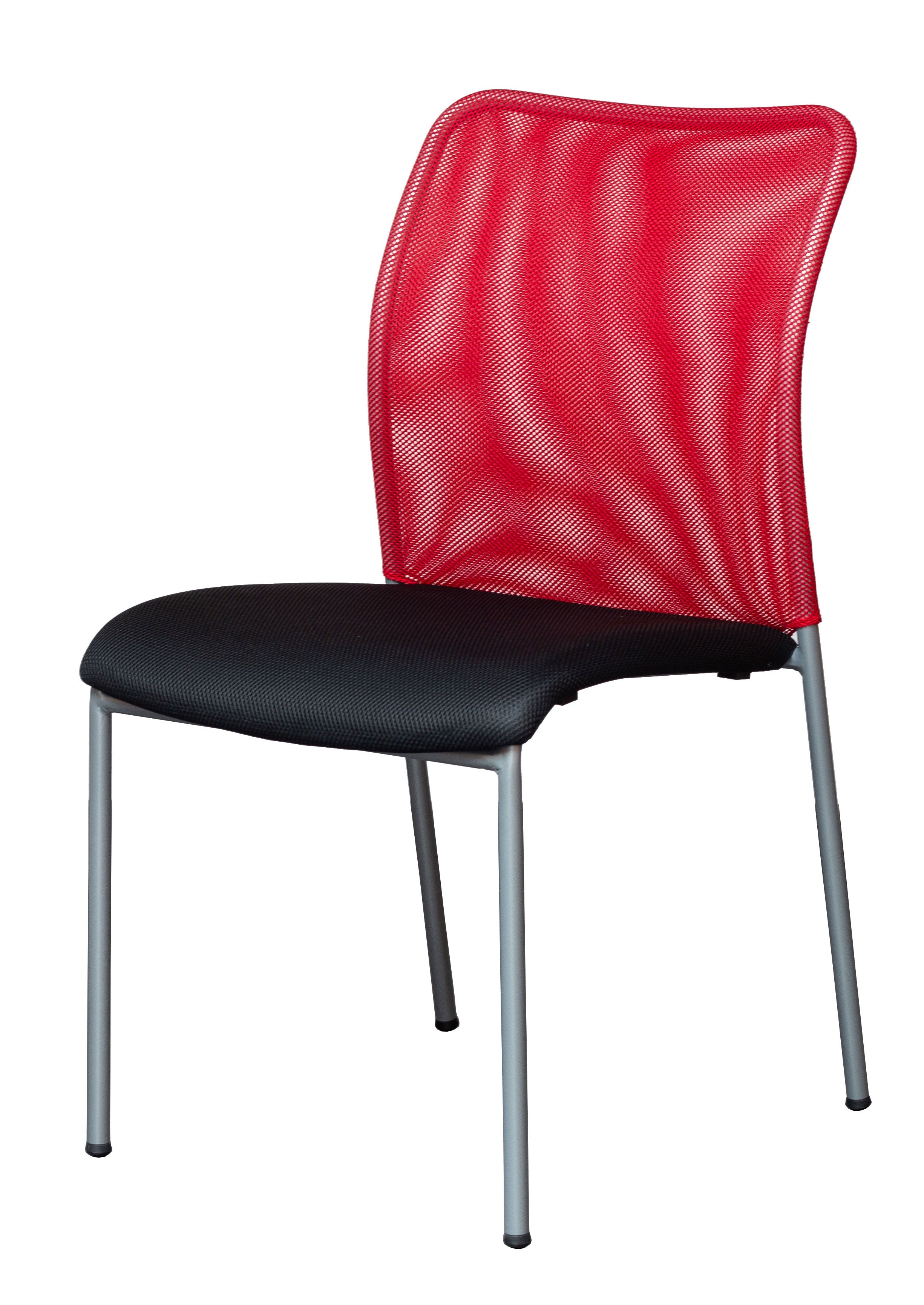 Le Fauteuil Réunion Pégase Visiteur Empilable de Monsieur Bureau est doté d'une assise coussinée noire, d'un dossier en maille rouge et de quatre pieds en métal argenté. Son design épuré et moderne est idéal pour les espaces professionnels.#finitions_rouge