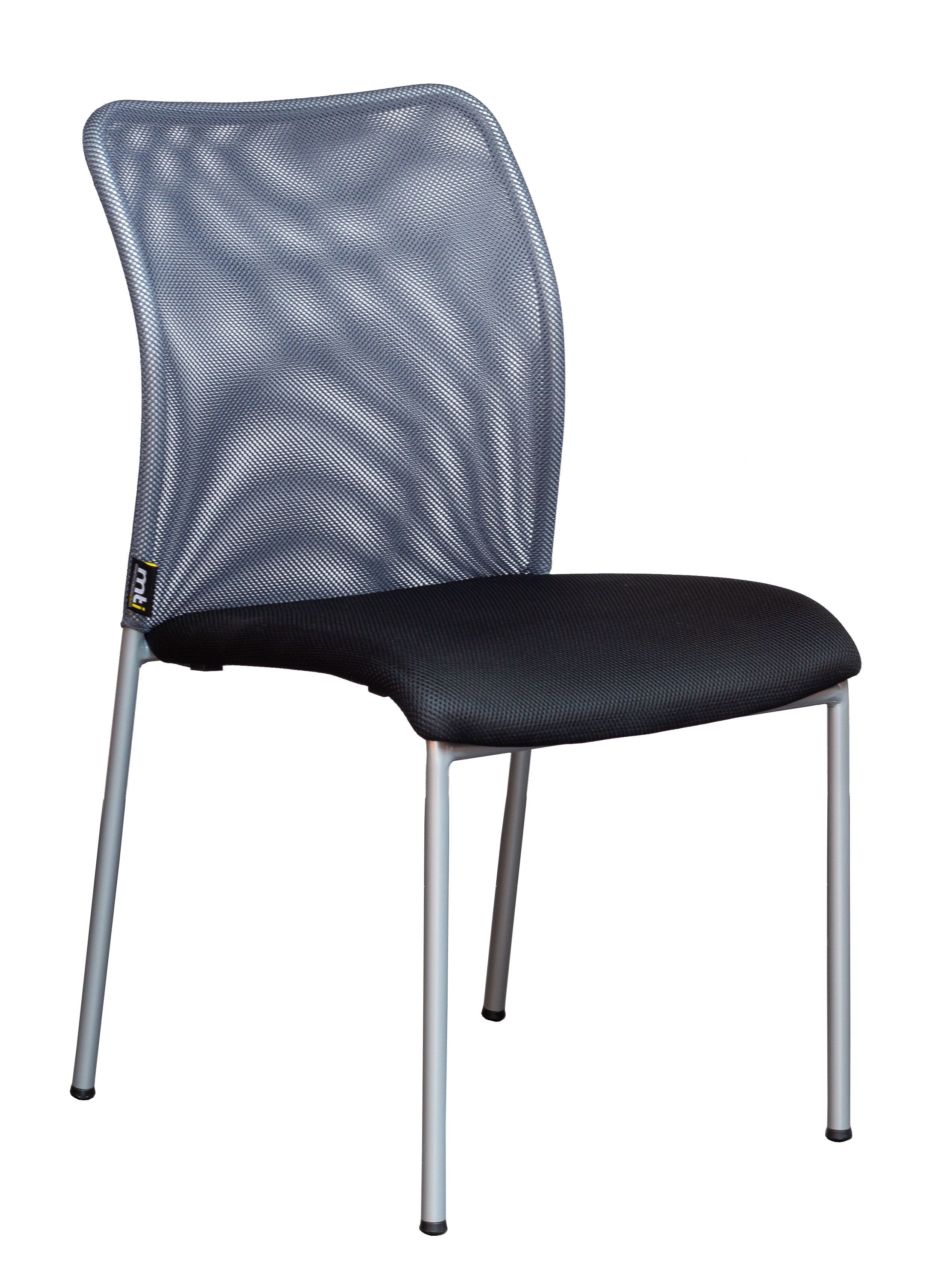 Le Fauteuil Réunion Pégase Visiteur Empilable de Monsieur Bureau est composé d'un dossier en maille noire, d'une assise coussinée noire et de quatre pieds fins en métal argenté - idéal pour les espaces professionnels - sur fond blanc.