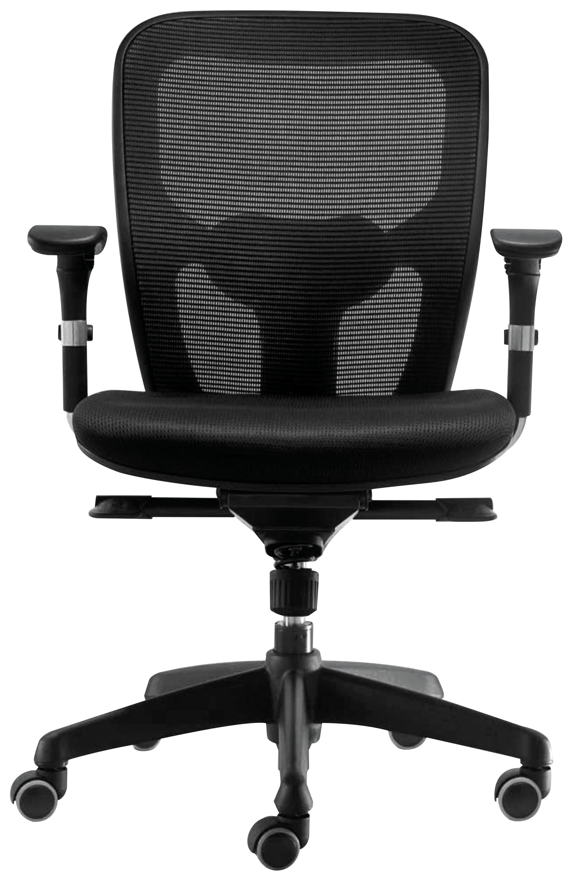 Le Monsieur Bureau Fauteuil Bureau Ergonomique Synchrone Musca est un siège de bureau noir avec un dossier en maille, des accoudoirs réglables et un piètement à cinq roues, vu de face - conçu pour la prévention du TMS et un confort optimal.