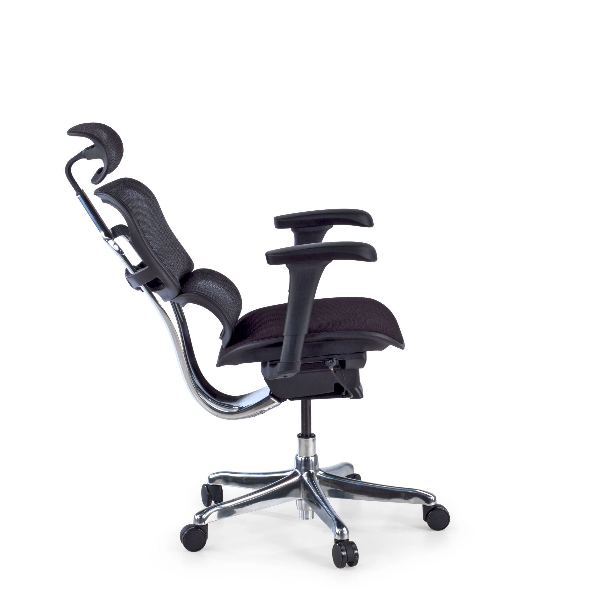 Le Fauteuil Ergonomique Monsieur Bureau Ultra - Performance 5D est doté d'un dossier en maille noire, d'un appui-tête, d'une assise rembourrée, d'accoudoirs réglables et d'un piètement chromé à cinq roulettes. Il est idéal pour un usage intensif et est présenté sur fond blanc.