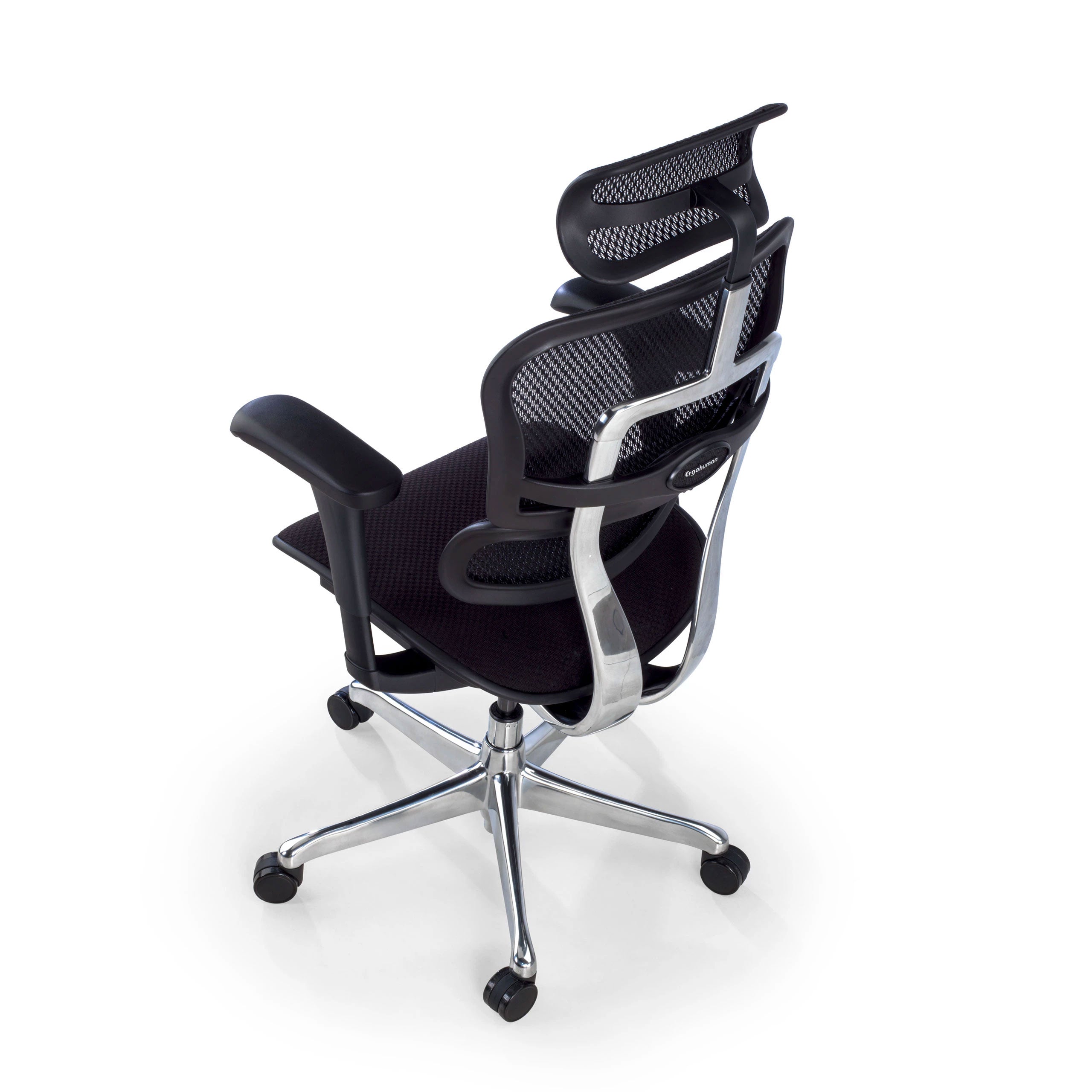 Le Fauteuil Ergonomique Ultra - Performance 5D de Monsieur Bureau, avec dossier en maille, réglages avancés, appui-tête profilé, accoudoirs noirs et base chromée à roulettes, idéal pour usage intensif, vu de dos.