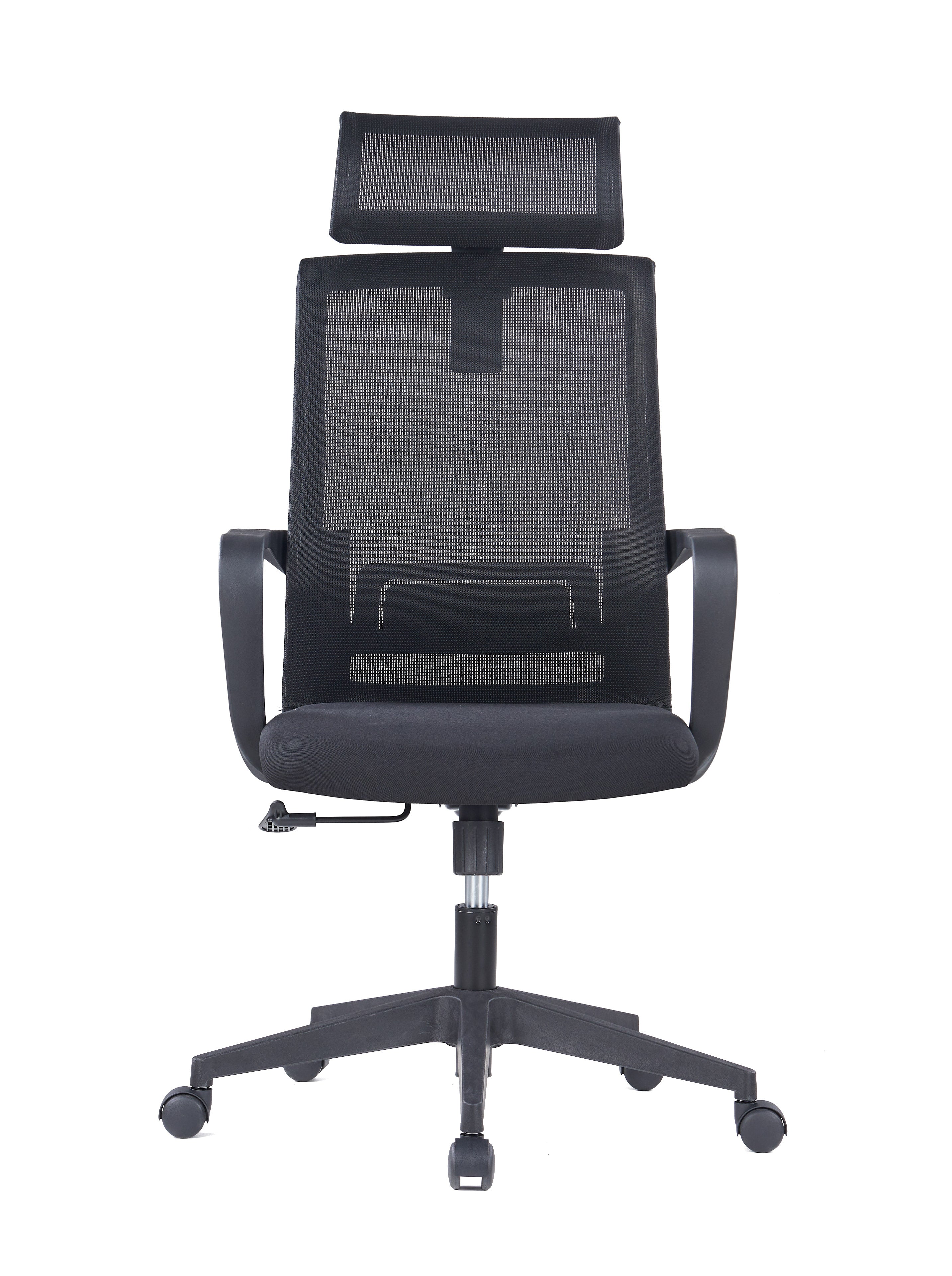 Le Monsieur Bureau Fauteuil Orion tétière et soutien lombaire est un siège de bureau ergonomique noir avec dossier en maille, appui-tête réglable, accoudoirs, levier de réglage de la hauteur d'assise et base à cinq roues. Présenté sur fond blanc.