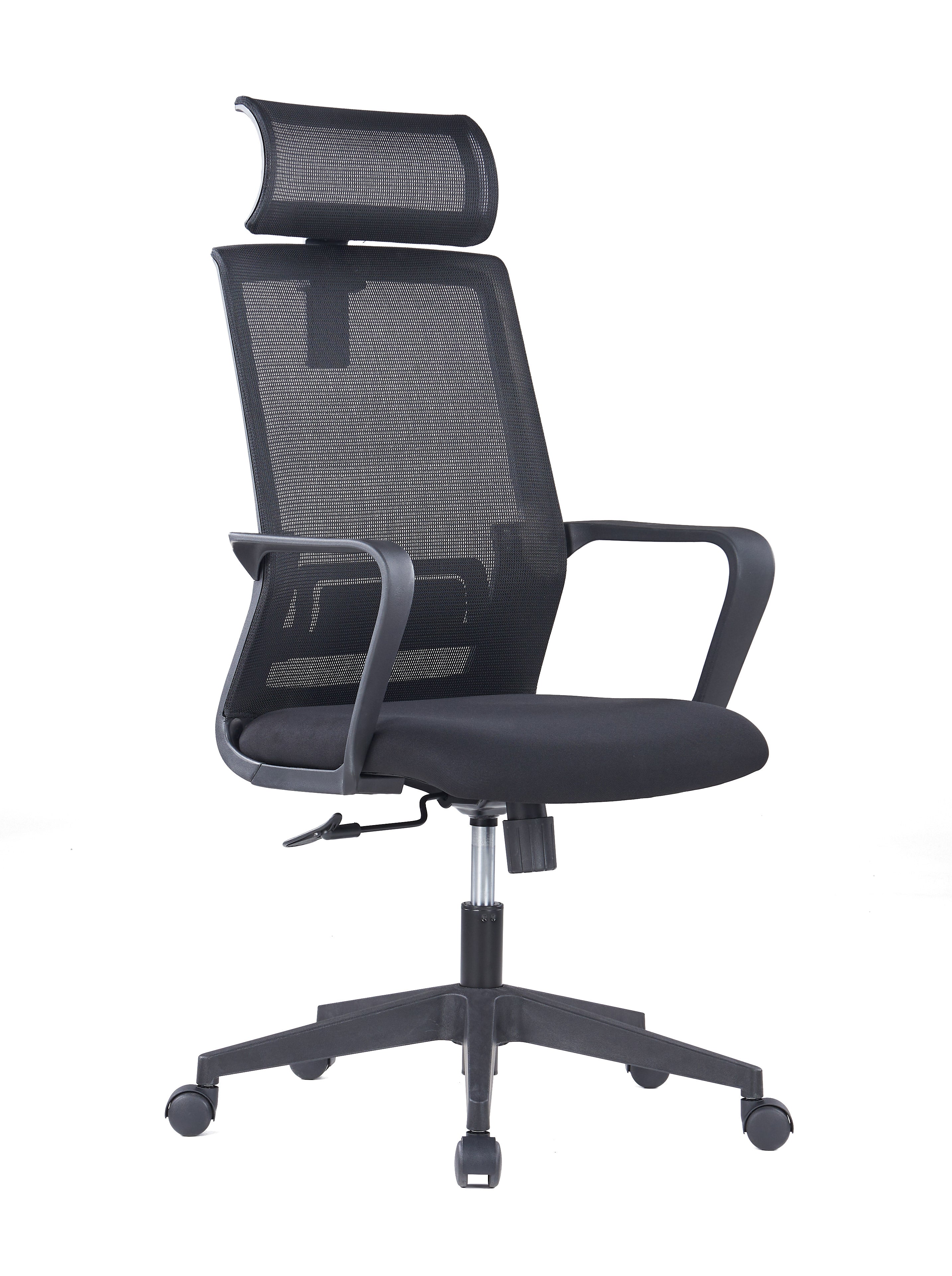 Le Fauteuil Orion tétière et soutien lombaire de Monsieur Bureau est une chaise de bureau ergonomique noire avec dossier en maille, appui-tête réglable, accoudoirs, assise rembourrée, base à cinq roues et levier de réglage de la hauteur pour plus de confort.