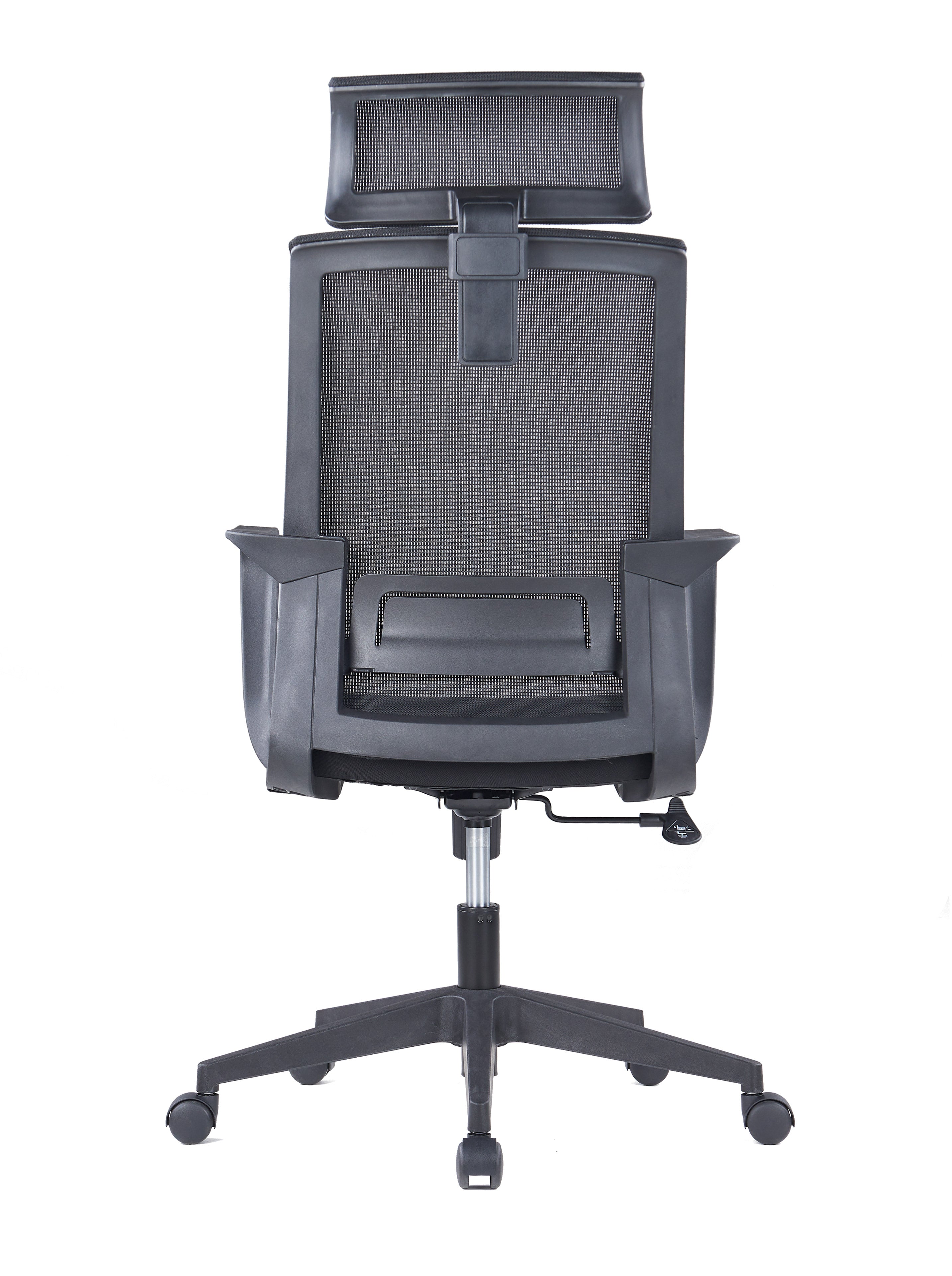 Le Monsieur Bureau Fauteuil Orion, doté d'un dossier en maille noire, d'accoudoirs réglables, d'un appui-tête et d'un piètement à roulettes, est présenté de dos sur fond blanc.