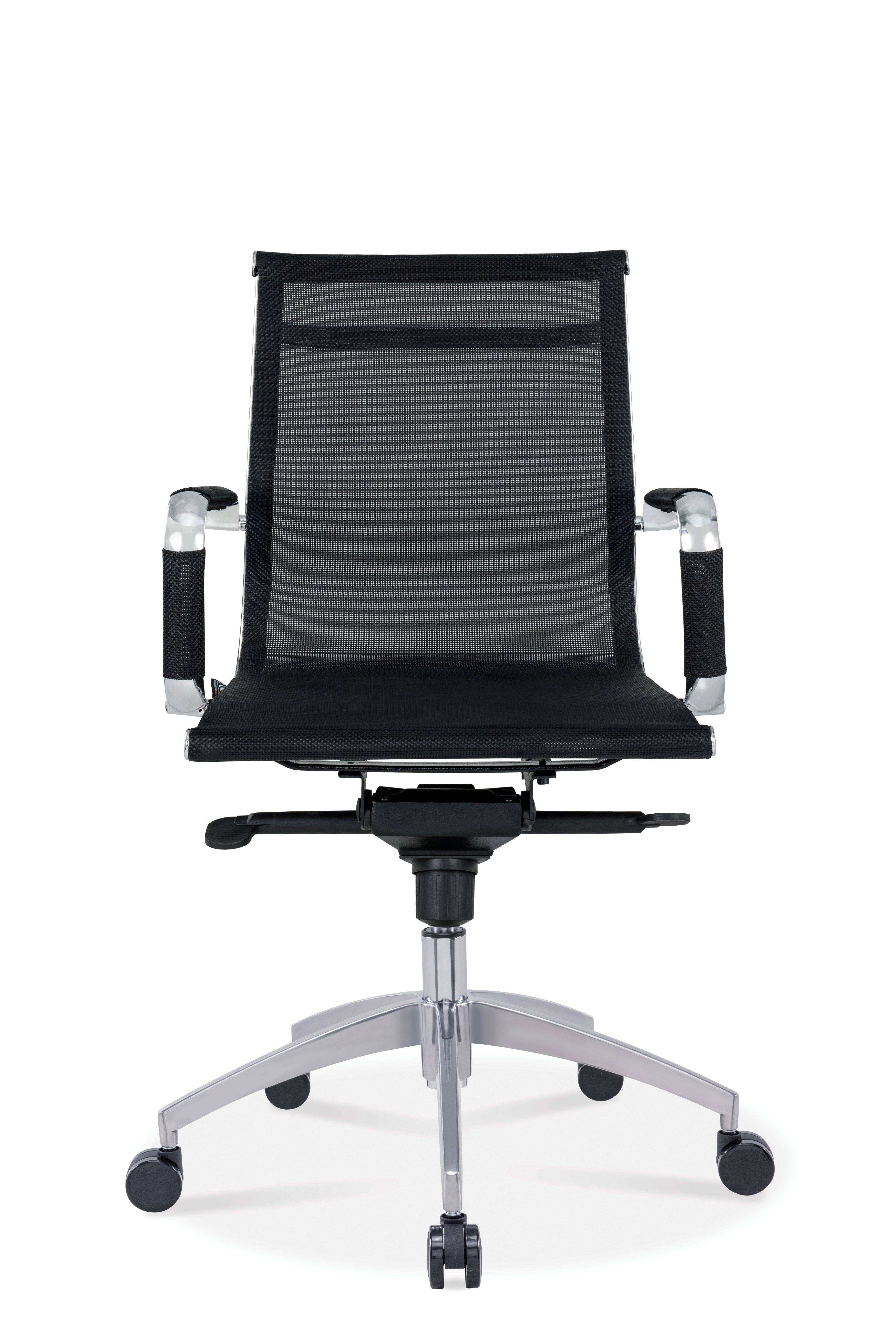 Le Fauteuil Réunion basculant Persée Bas Dossier Résille de Monsieur Bureau : un fauteuil de direction noir avec dossier résille, assise noire, accoudoirs et base en métal argenté à cinq roulettes, présenté de face sur fond blanc.