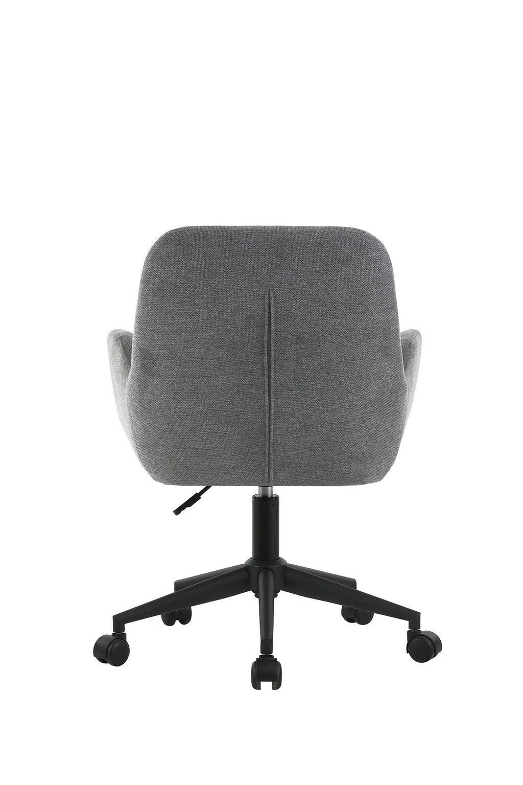 Le Fauteuil d'accueil et réunion Shino - Sur Roulettes de Monsieur Bureau est une chaise moderne grise avec accoudoirs sur un piètement noir à cinq roues, vue de dos et idéale pour les salles de réunion, présentée sur fond blanc.