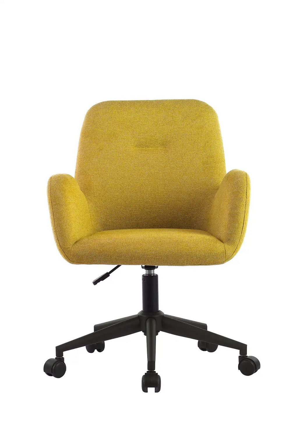 Le Fauteuil d'accueil et réunion Shino - Sur Roulettes de Monsieur Bureau est une chaise de bureau moderne rembourrée jaune avec accoudoirs, base réglable noire et cinq roulettes, présentée sur un fond blanc uni.
