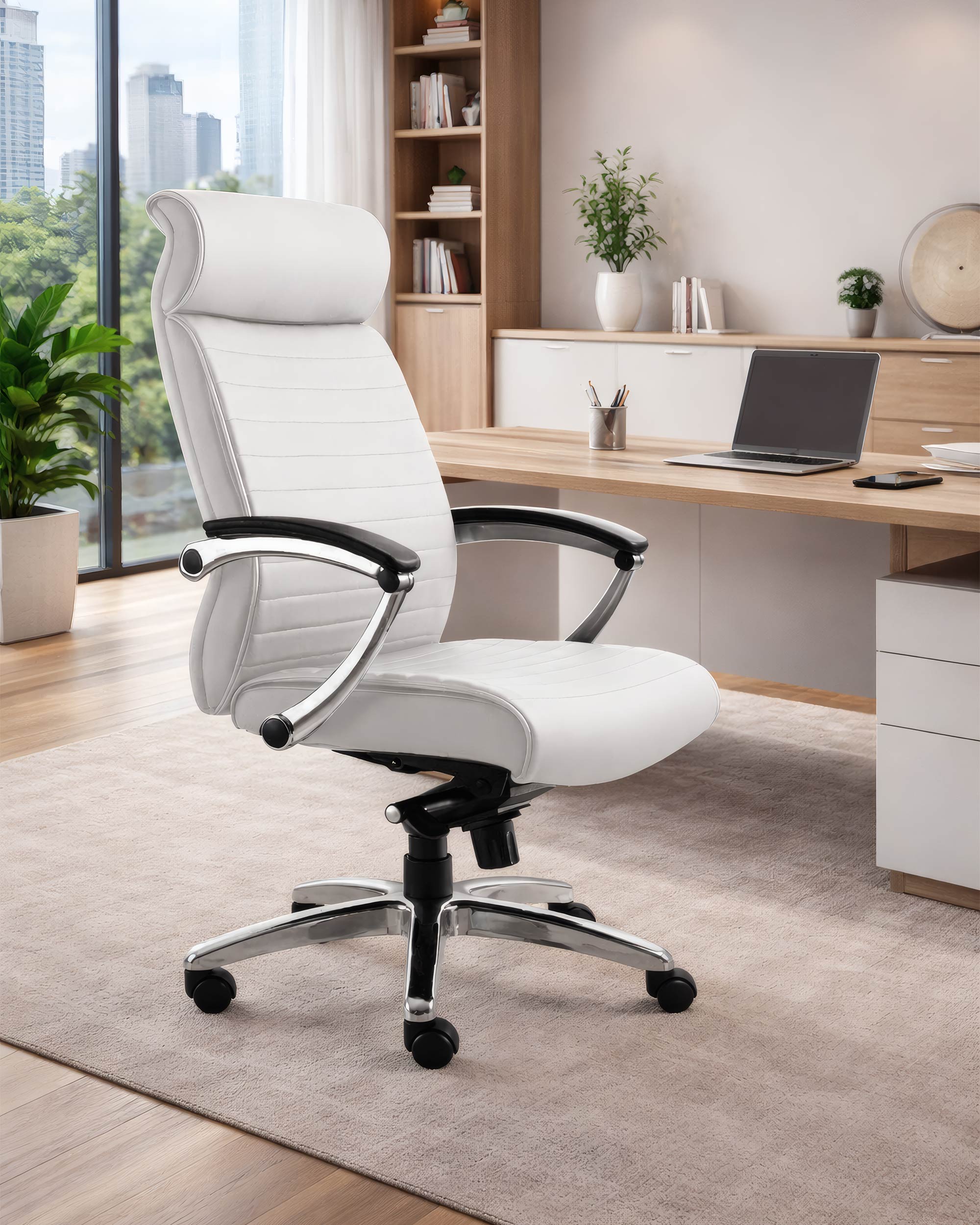 Le fauteuil de direction cuir Hydri de Monsieur Bureau, doté d'un mécanisme synchrone, est installé sur un tapis beige dans un bureau moderne, près d'un bureau avec ordinateur portable, étagères et fenêtre sur la ville et la verdure.#finitions_banc