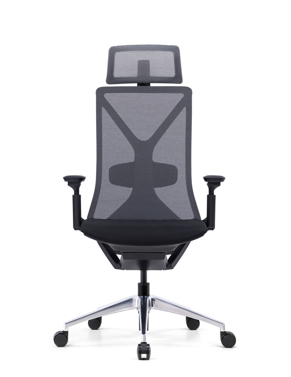 Le Monsieur Bureau Fauteuil Ergonomique Cassiopée Synchrone & Têtière est un siège de bureau moderne avec dossier en maille, appui-tête réglable, accoudoirs, base chromée à cinq roues et mécanisme synchrone Donati, présenté de face sur fond blanc.