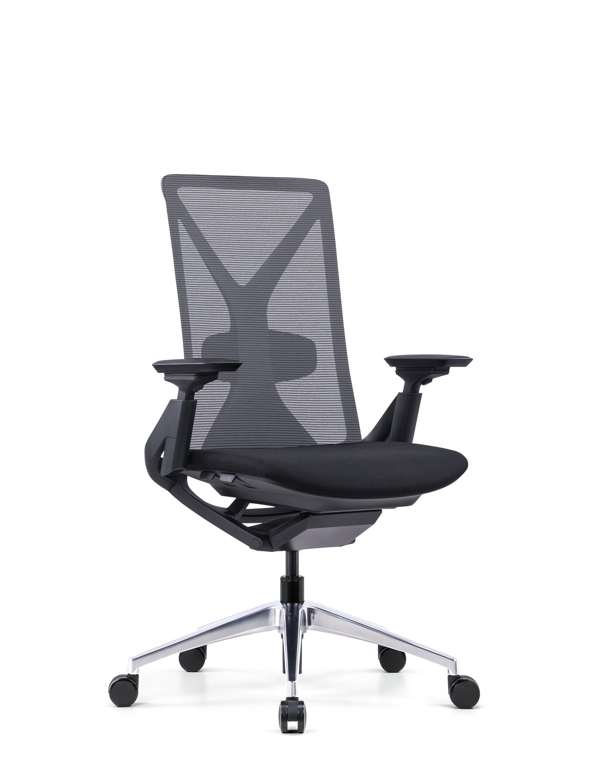 Le Fauteuil Ergonomique Cassiopée Synchrone Donati de Monsieur Bureau est doté d'un dossier en maille noire, d'accoudoirs réglables, d'une assise profilée et d'un piètement chromé à cinq roues, conçu pour le confort et la prévention des TMS dans tout espace de travail.