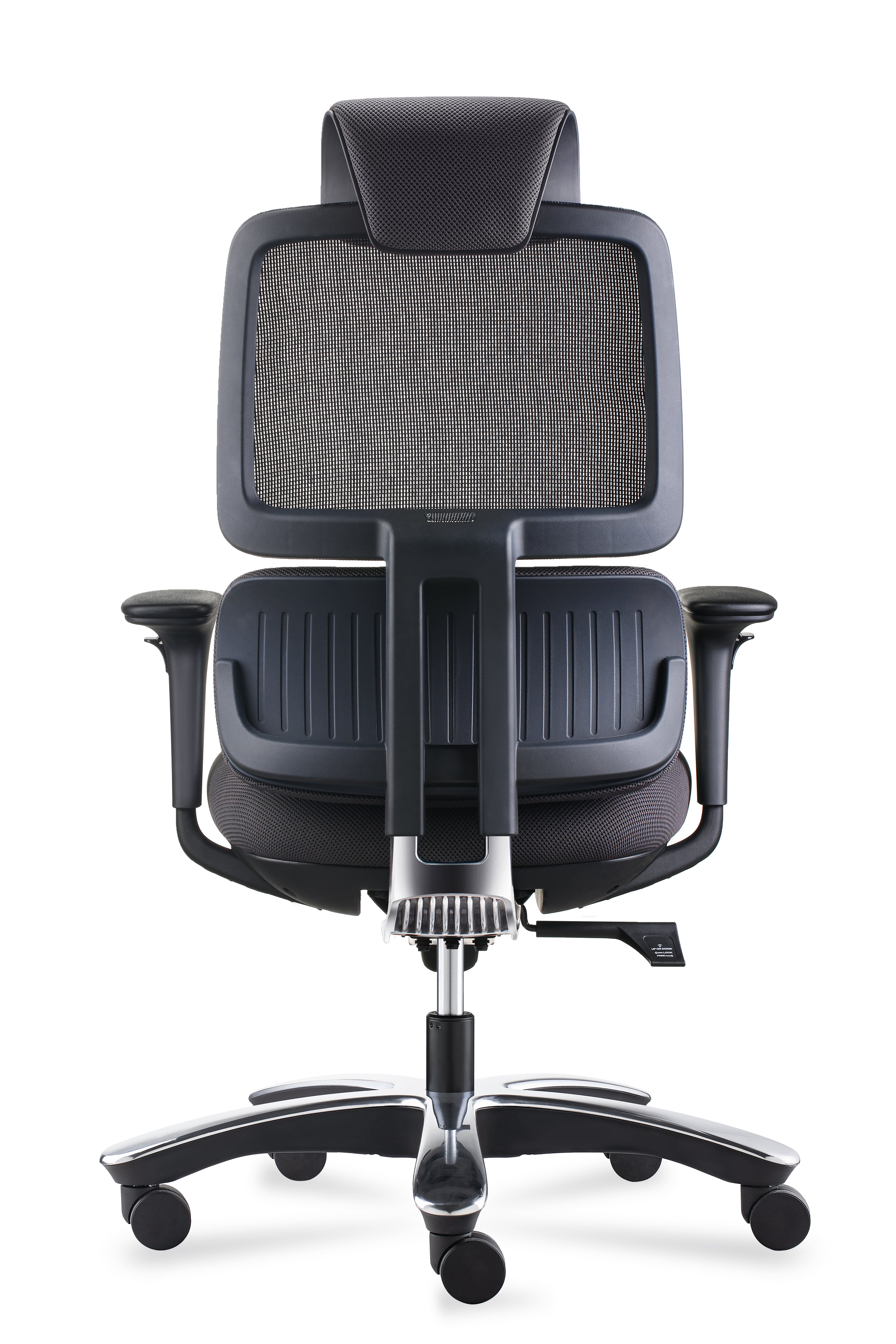 Le Fauteuil ergonomique XXL Ursa 24H (180 kg) de Monsieur Bureau est doté d'un dossier en maille, d'accoudoirs réglables, d'un support lombaire et d'un robuste piétement métallique à cinq roues ; présenté de dos sur fond blanc.