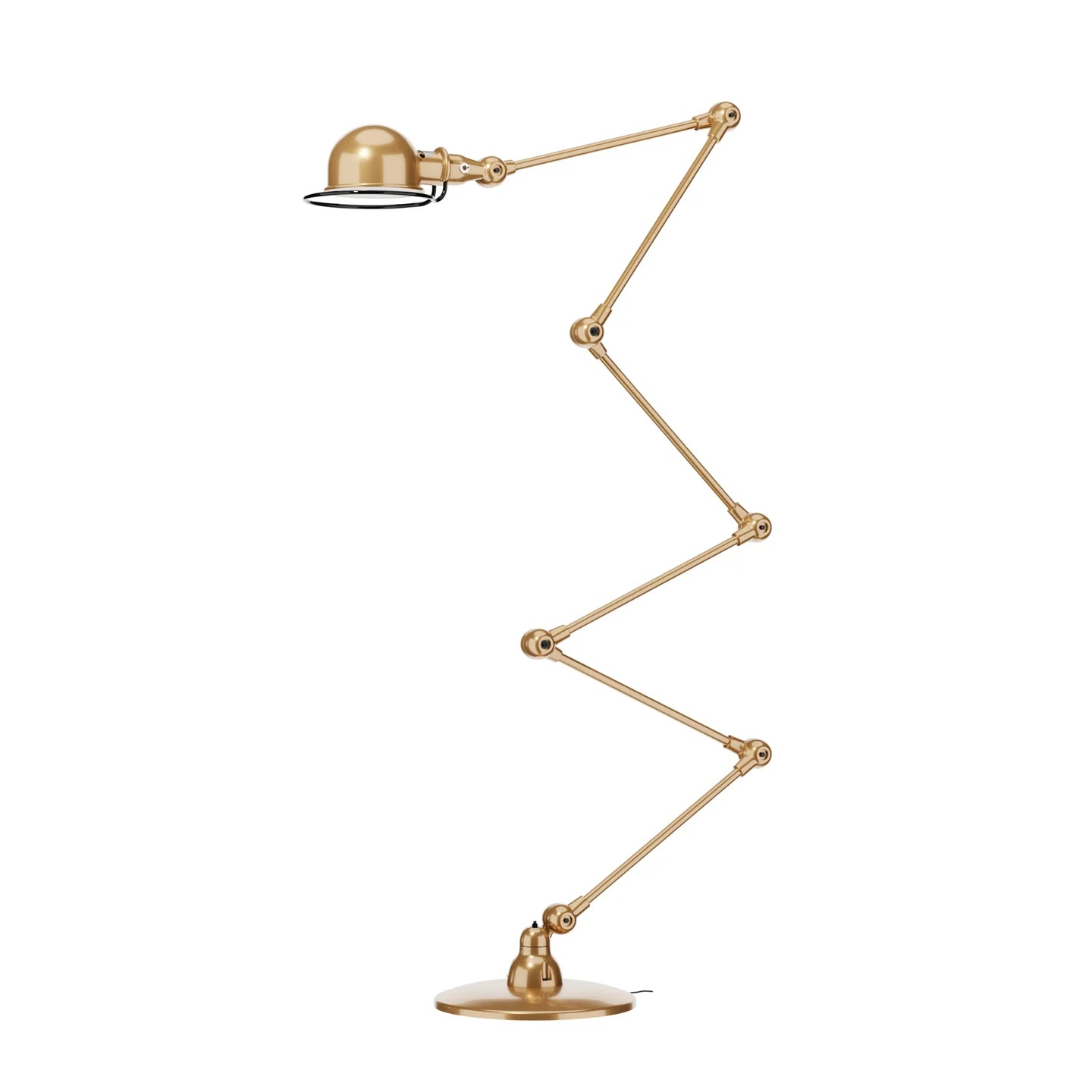 Le lampadaire articulé design Loft professionnel de Monsieur Bureau est doté d'une finition dorée, d'une base ronde, de bras articulés et d'un abat-jour en forme de dôme. Il est parfait pour l'éclairage d'accentuation professionnel ou pour les espaces loft. Présentée sur fond blanc.