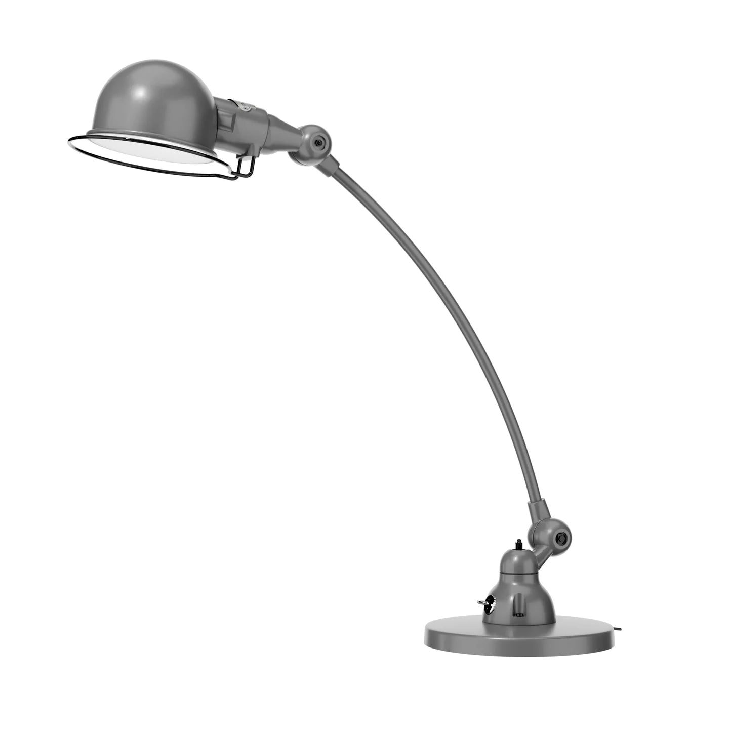 La Lampe de bureau articulée courbée Signal design de Monsieur Bureau présente un style métallique et industriel avec un bras réglable arqué et une base ronde, sur fond blanc.#finitions_gris