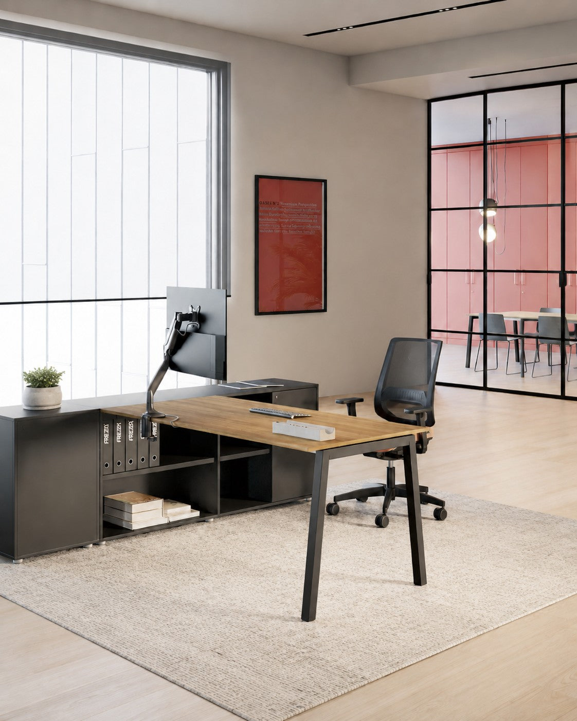 Bureau d'angle Pop Ace avec rangement - Chêne et Noir