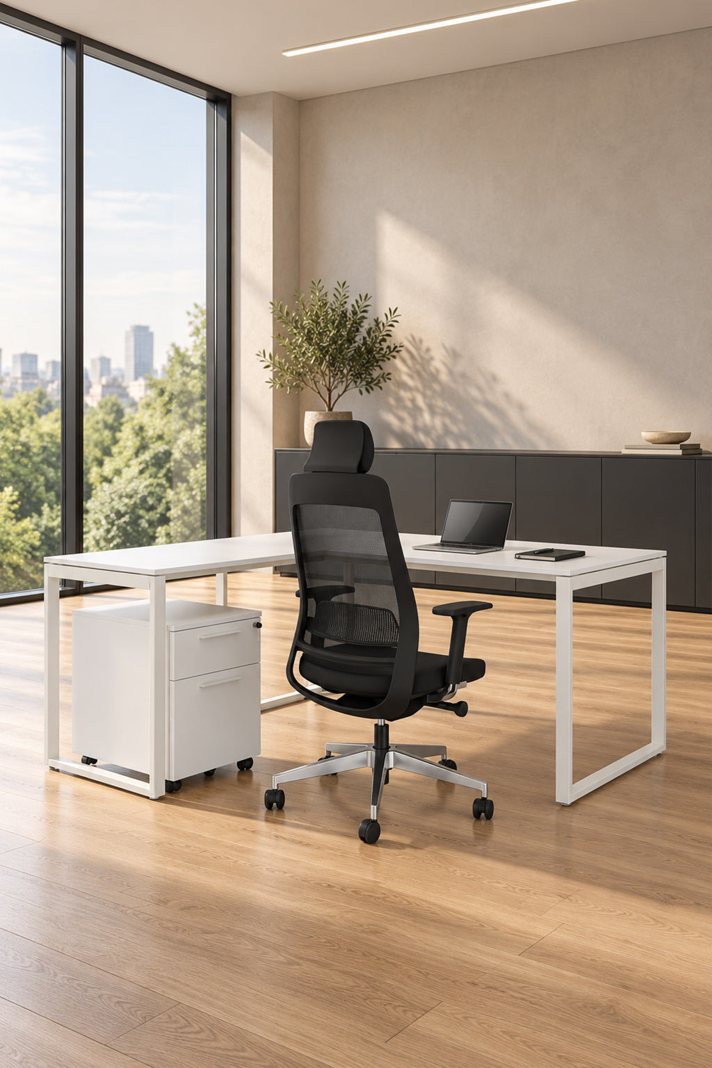 Pack Premium : Bureau d'angle Pop Square avec Fauteuil Fair et Caisson Mobile