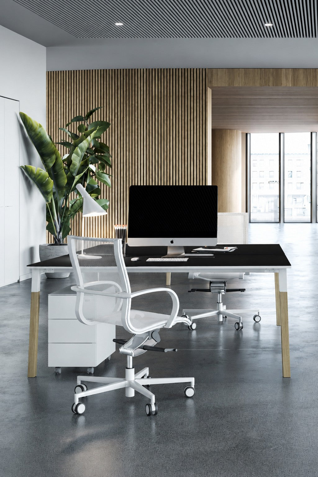 Bureau bench POP WOODY : poste de travail double pour open space