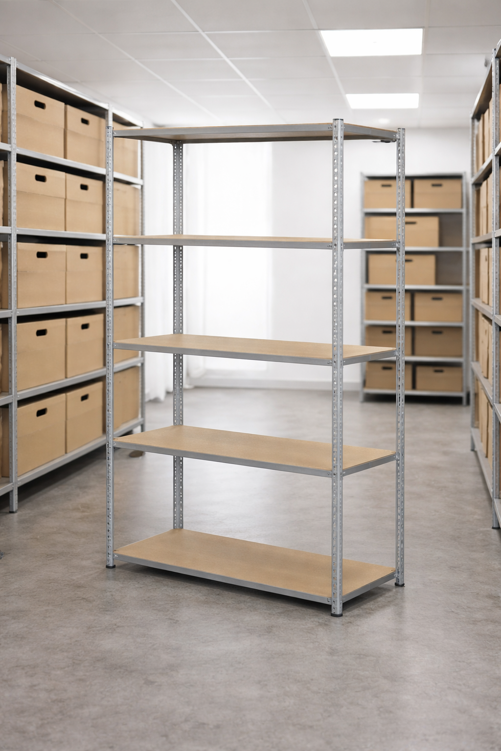 Un Rayonnage de bureau industriel P35 cm de Monsieur Bureau avec cinq étagères en bois vides se trouve au centre d'une pièce de stockage entourée de boîtes en carton marron empilées sur des étagères similaires le long des murs.
