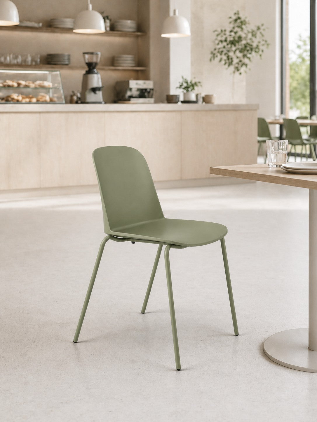 Un Siège visiteur Eos empilable de Monsieur Bureau, vert olive, avec des pieds en métal, est posé à côté d'une table en bois clair dans un café lumineux et minimal, avec un comptoir, des lampes suspendues et des étagères en arrière-plan.