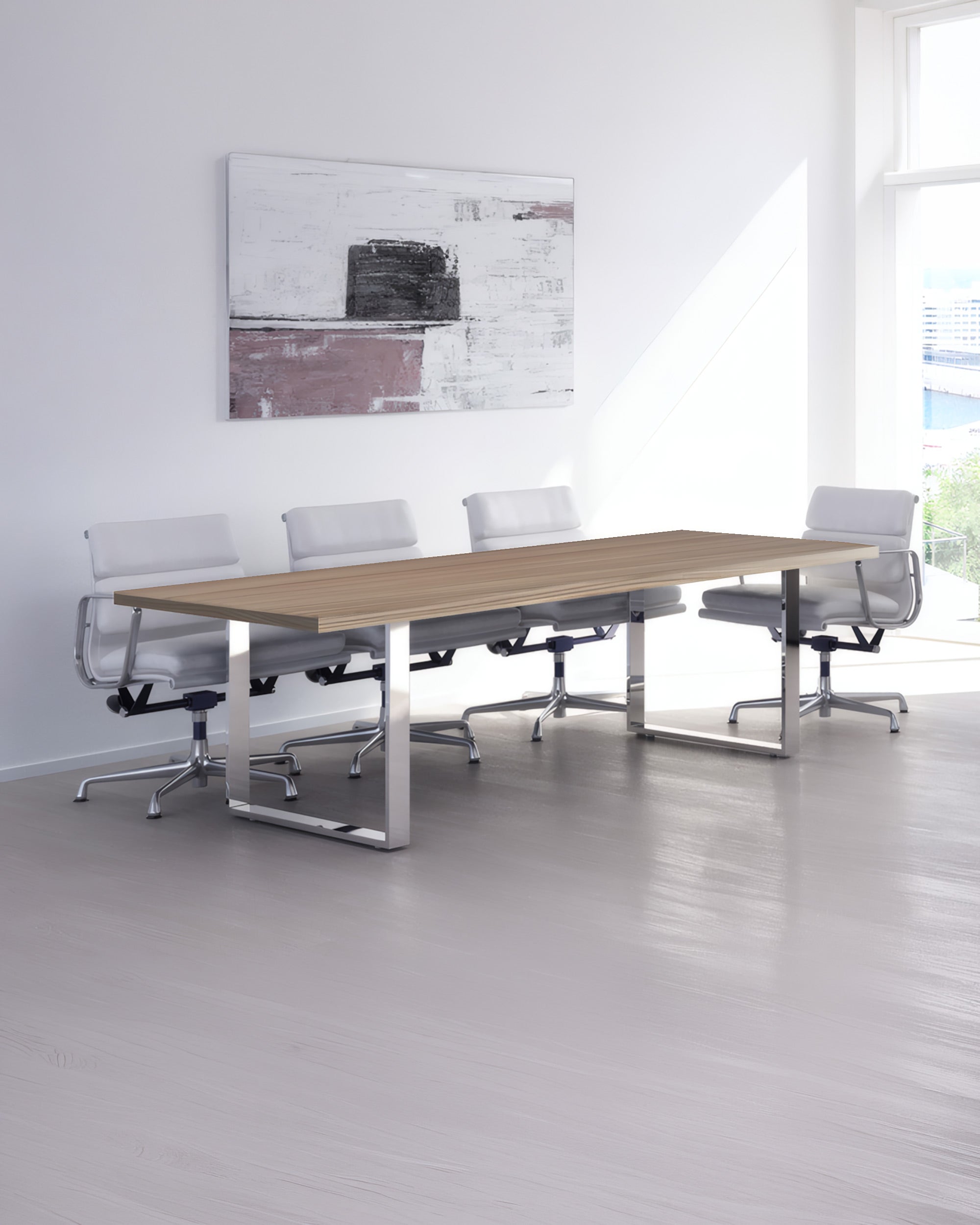 Une salle de conférence moderne est équipée d'une Table de réunion 8 personnes - Gamme Flora Métal de Monsieur Bureau, de quatre chaises de bureau blanches, d'une grande peinture abstraite sur le mur et de la lumière du soleil qui pénètre par la fenêtre.#finitions_plateau_noyer